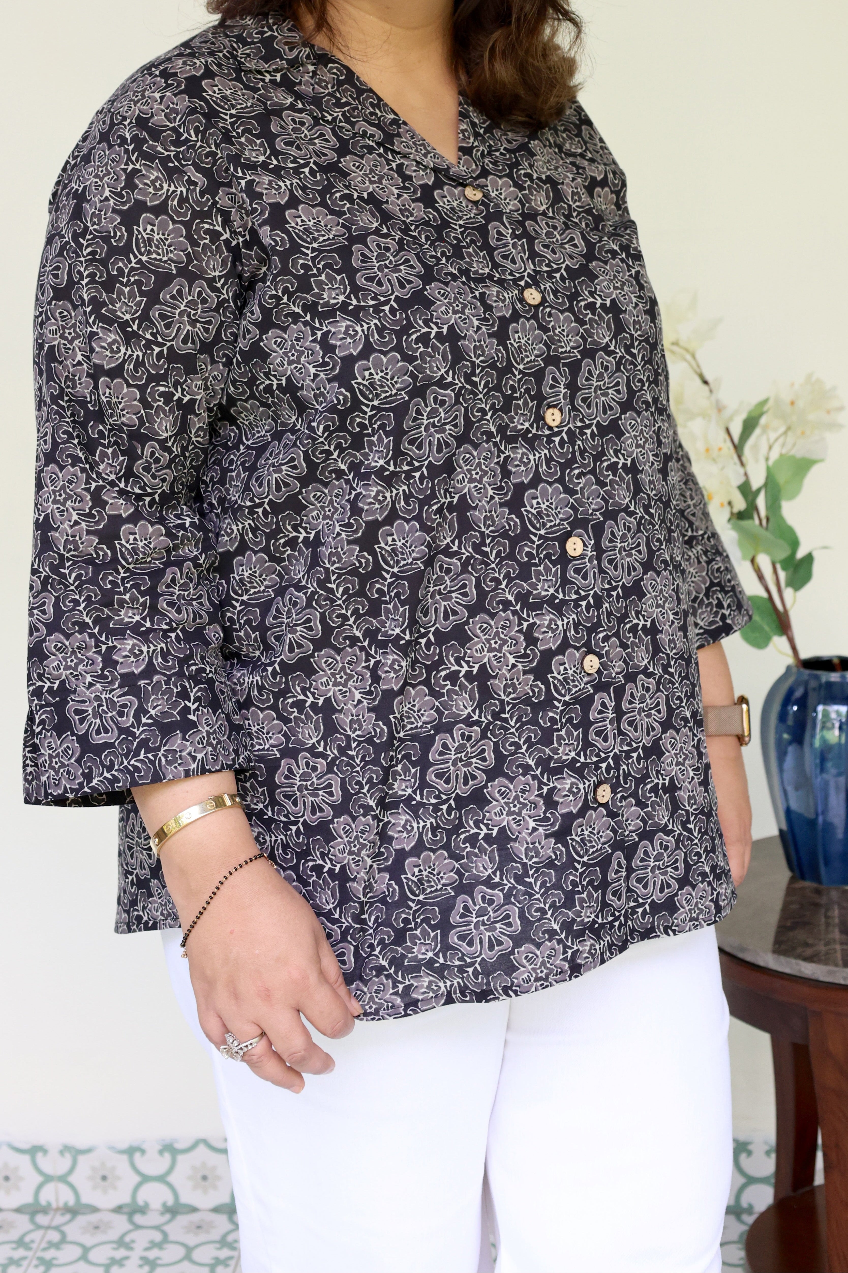 Black Jaipuri Hand Block Printed Floral Cotton Shirt