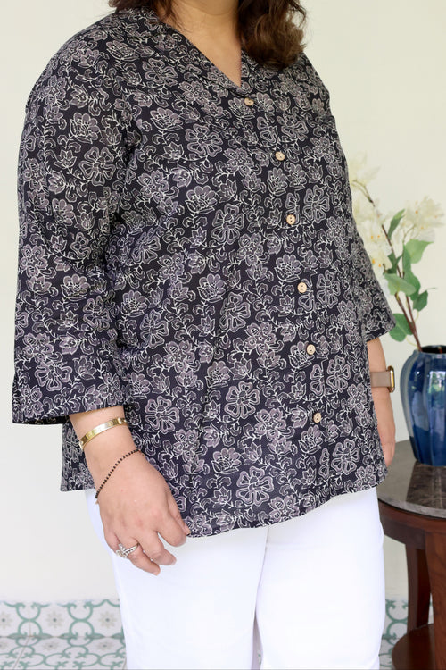 Black Jaipuri Hand Block Printed Floral Cotton Shirt