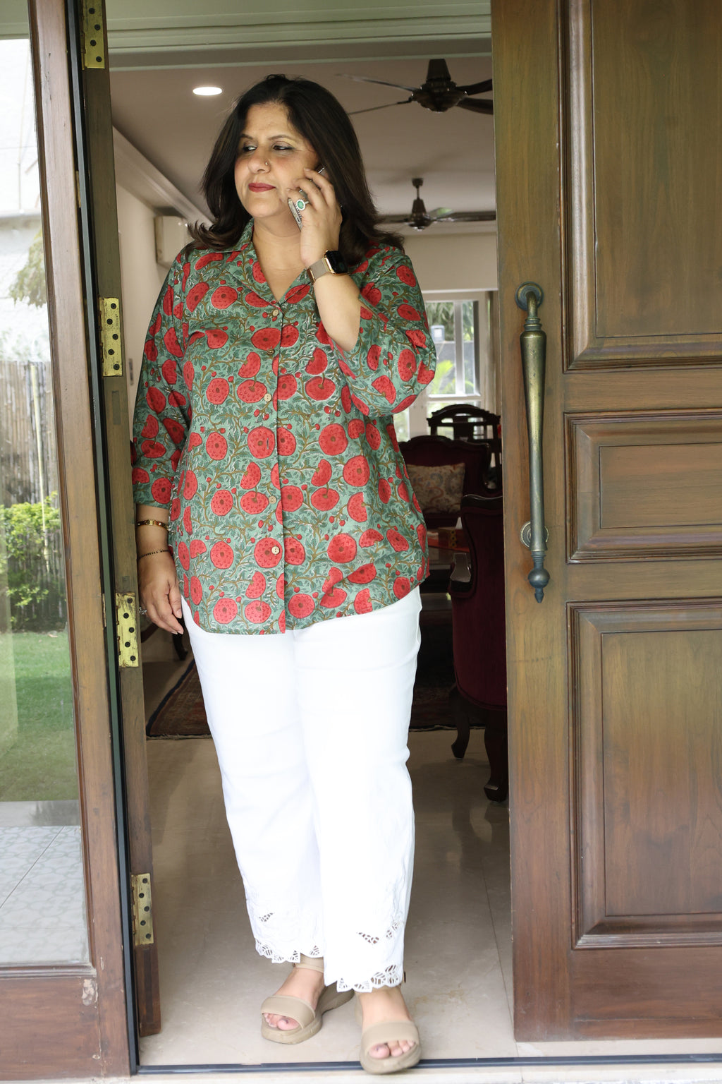 Green Jaipuri Hand Block Printed Floral Cotton Shirt