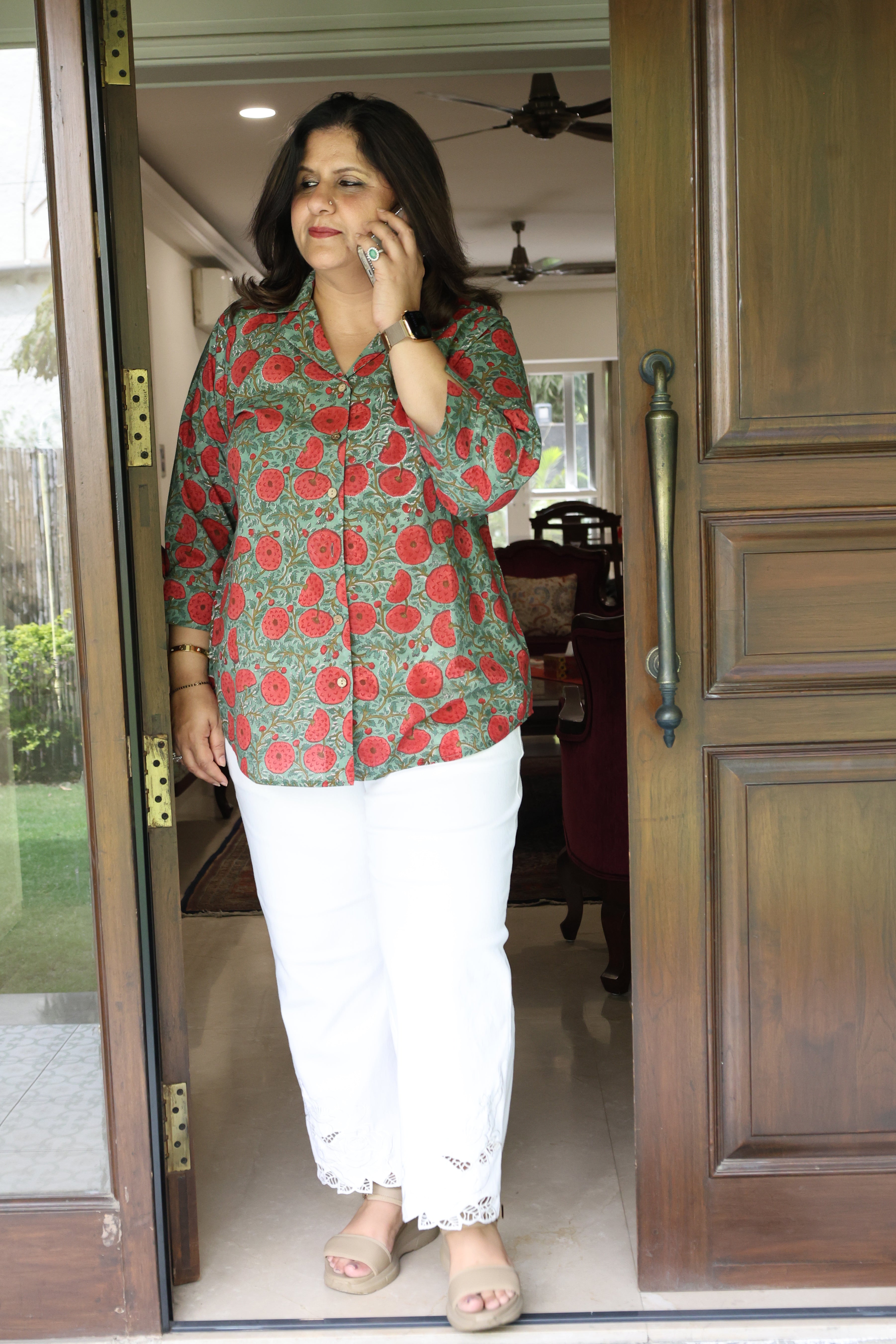 Green Jaipuri Hand Block Printed Floral Cotton Shirt