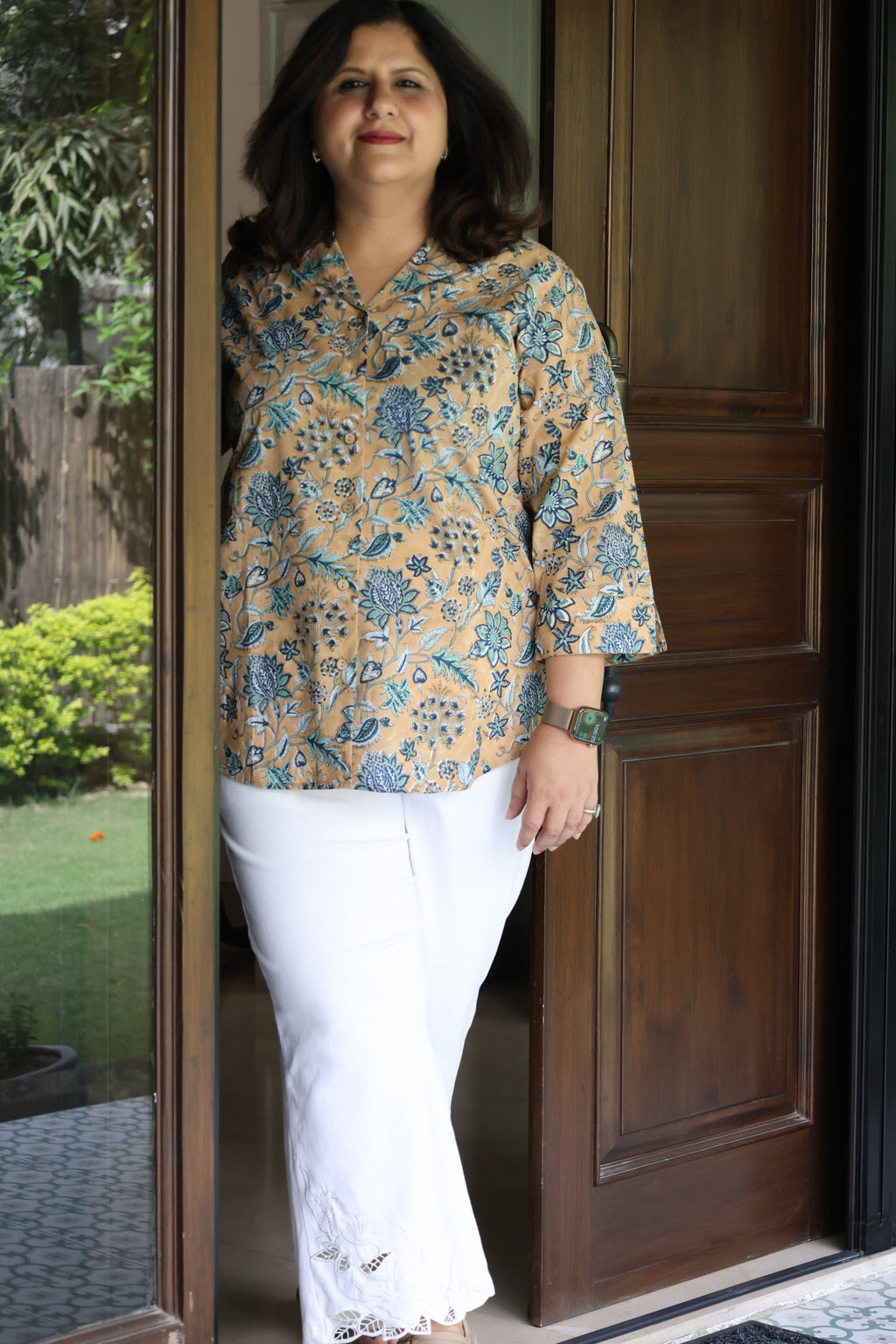 Peachish Brown Jaipuri Hand Block Printed Floral Cotton Shirt