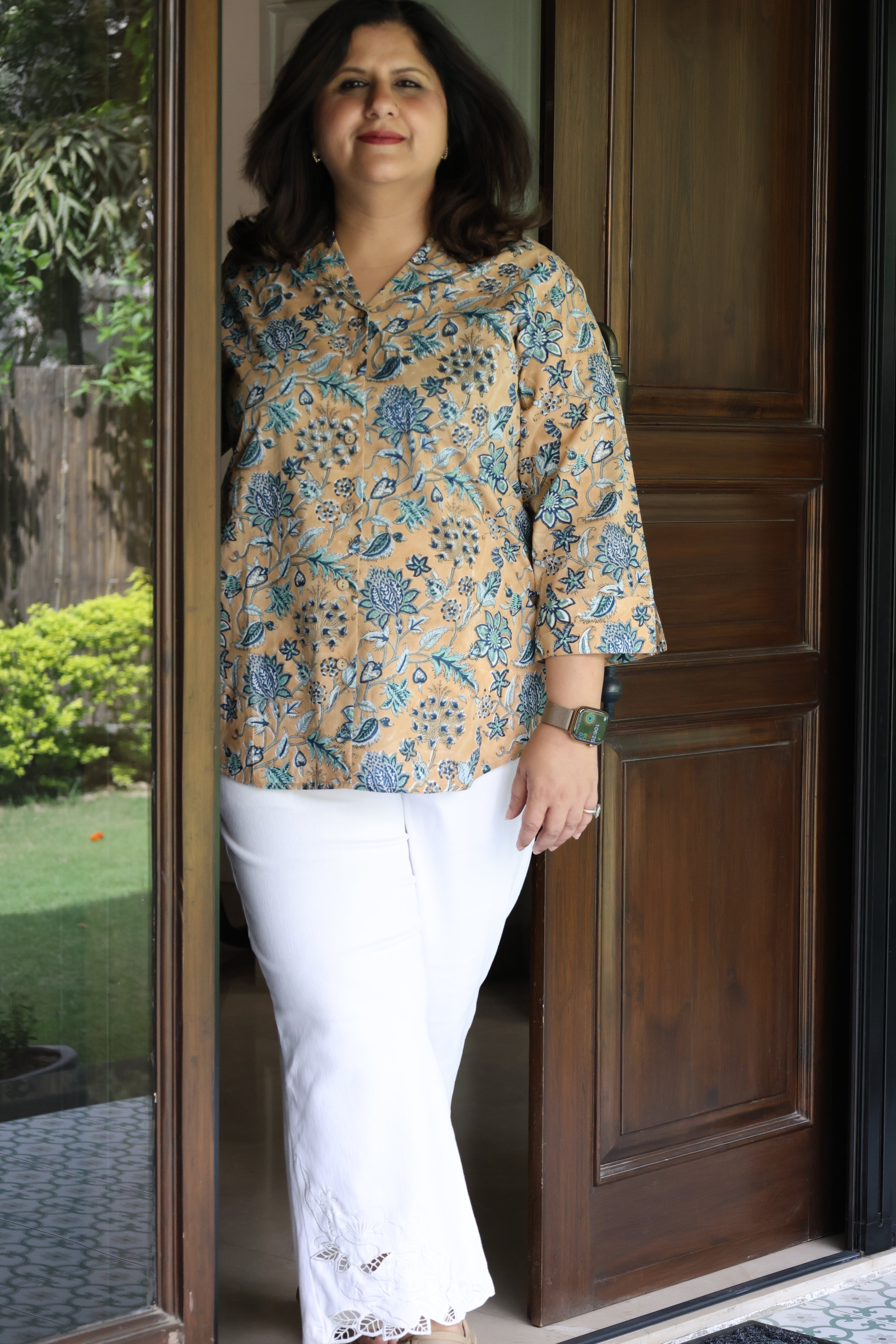 Peachish Brown Jaipuri Hand Block Printed Floral Cotton Shirt