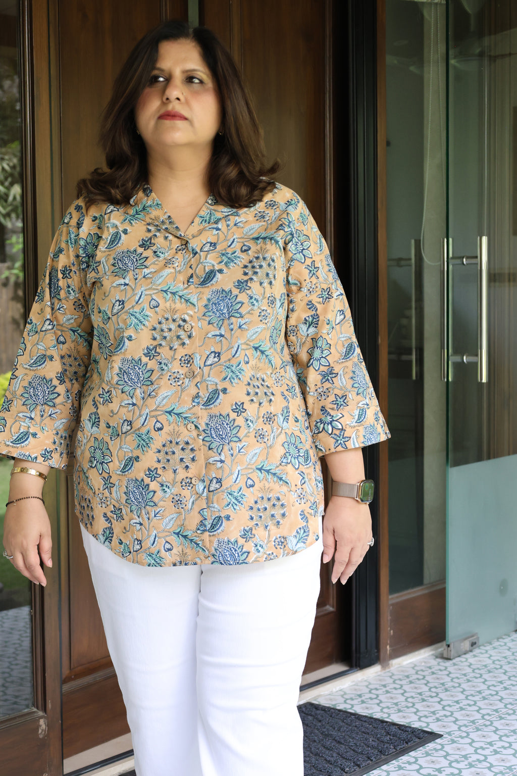 Peachish Brown Jaipuri Hand Block Printed Floral Cotton Shirt