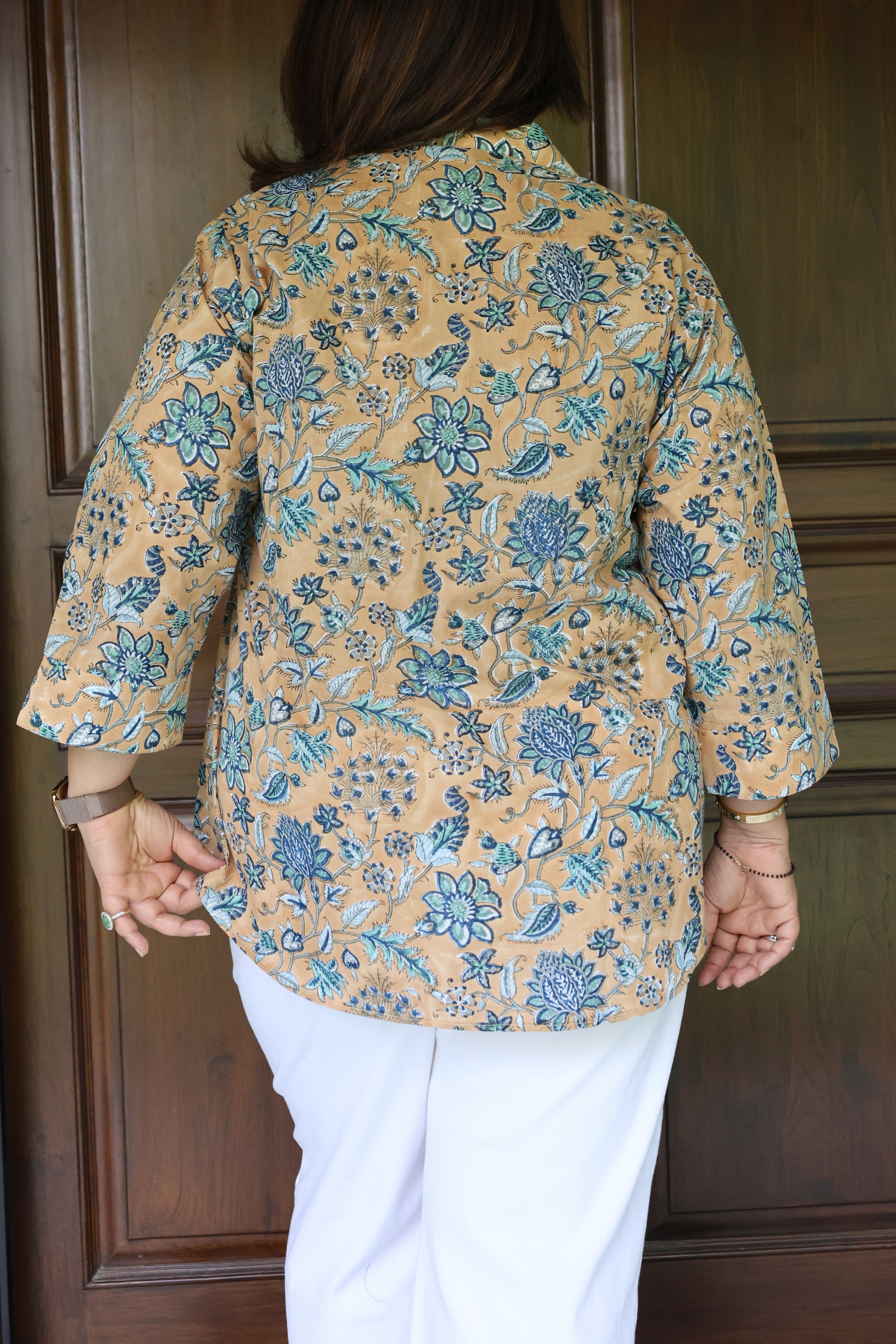 Peachish Brown Jaipuri Hand Block Printed Floral Cotton Shirt