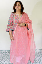 Pink Jaipuri Block Print Cotton 2 Piece Set with Kota Doria Dupatta & Gota Detailing on Kurta