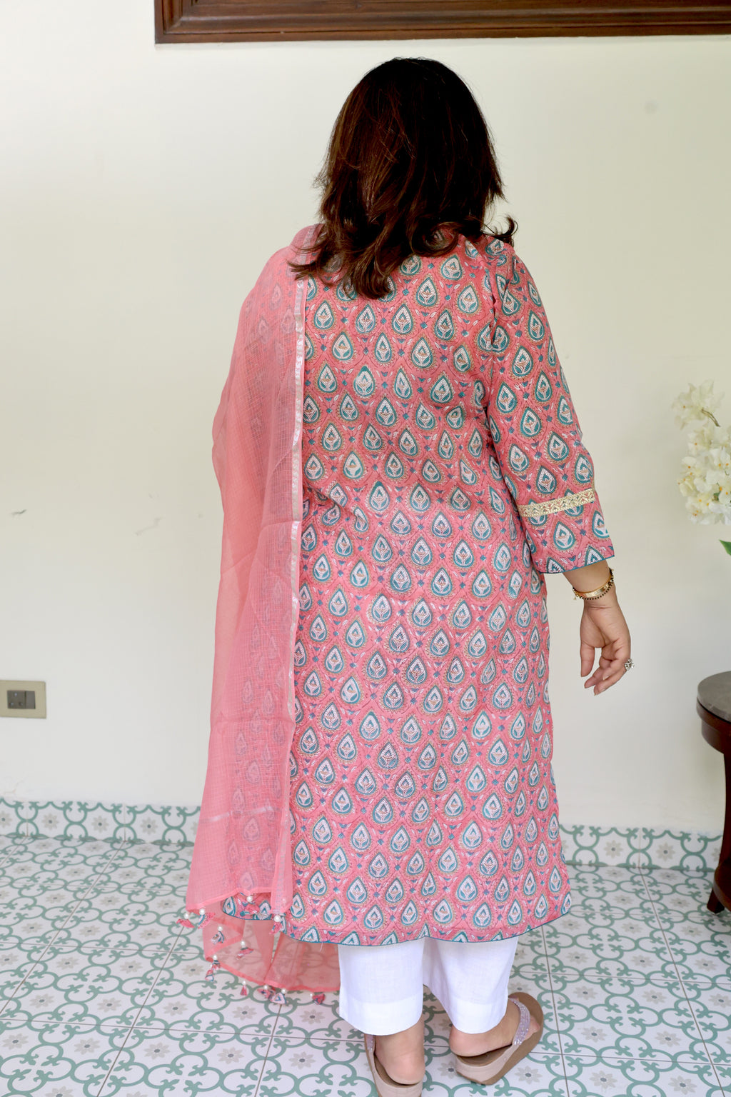 Pink Jaipuri Block Print Cotton 2 Piece Set with Kota Doria Dupatta & Gota Detailing on Kurta