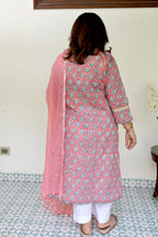 Pink Jaipuri Block Print Cotton 2 Piece Set with Kota Doria Dupatta & Gota Detailing on Kurta