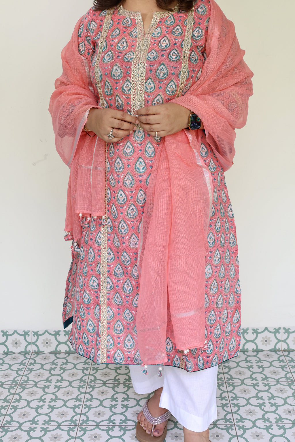Pink Jaipuri Block Print Cotton 2 Piece Set with Kota Doria Dupatta & Gota Detailing on Kurta