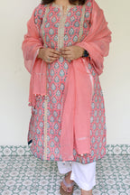 Pink Jaipuri Block Print Cotton 2 Piece Set with Kota Doria Dupatta & Gota Detailing on Kurta