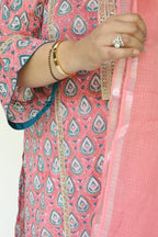 Pink Jaipuri Block Print Cotton 2 Piece Set with Kota Doria Dupatta & Gota Detailing on Kurta