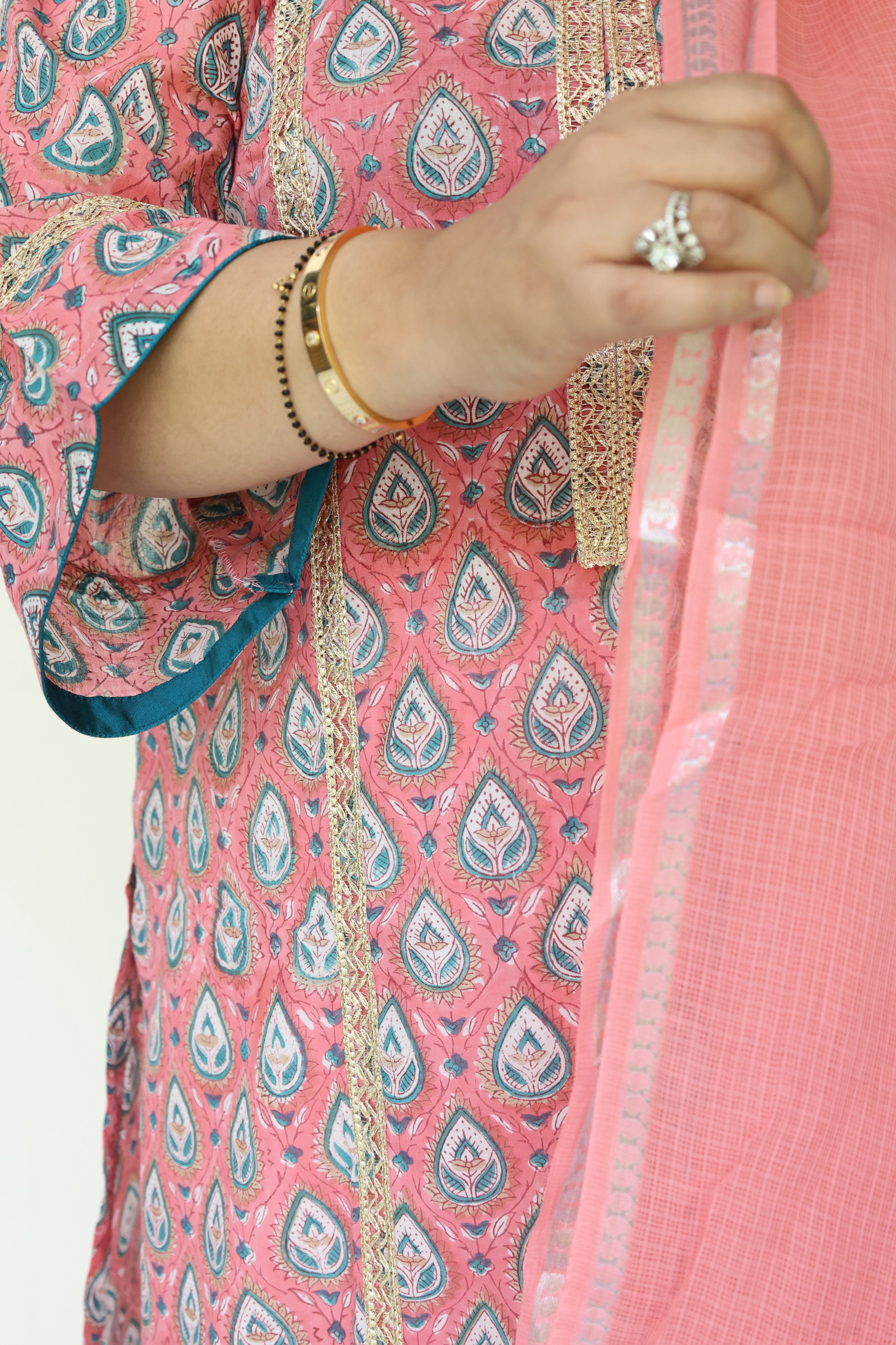 Pink Jaipuri Block Print Cotton 2 Piece Set with Kota Doria Dupatta & Gota Detailing on Kurta