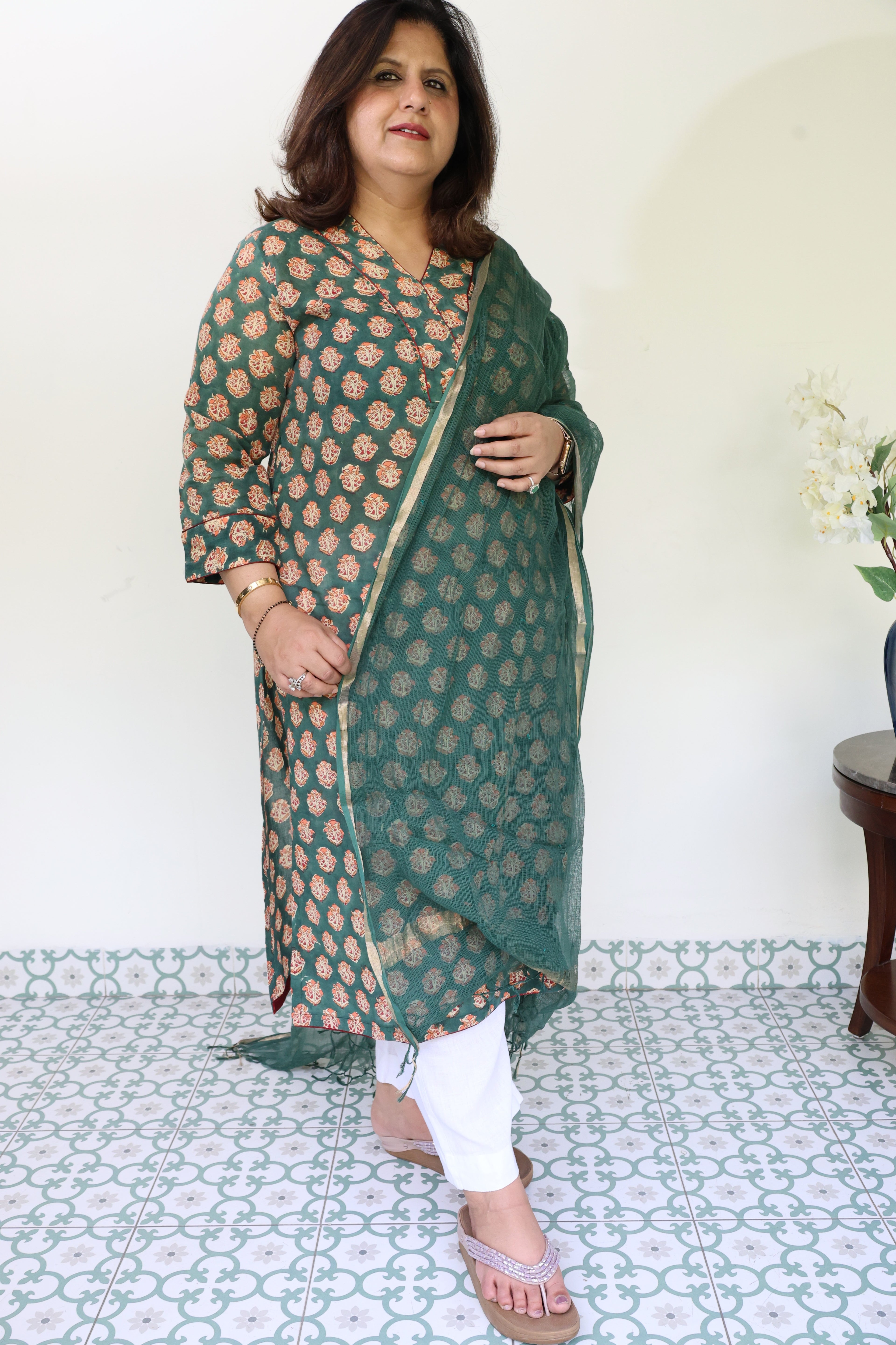 Green Floral Jaipuri 2 Piece Set with Kota Doria Dupatta