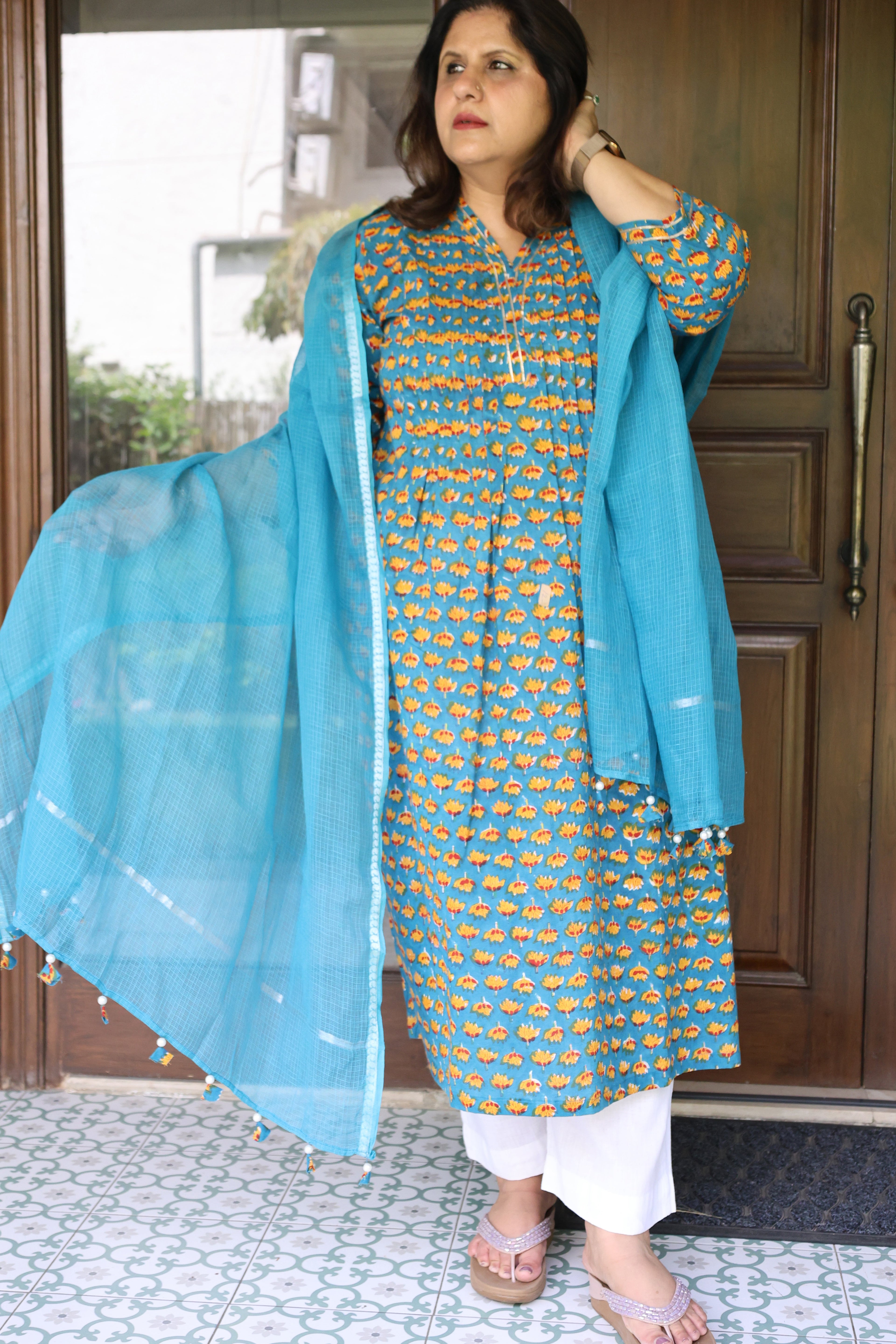 Blue & Yellow Floral Jaipuri 2 Piece Set with Kota Doria Dupatta & Gota Detailing on Kurta