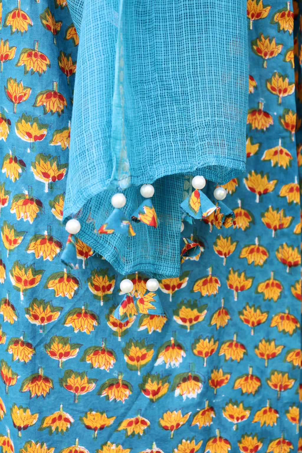 Blue & Yellow Floral Jaipuri 2 Piece Set with Kota Doria Dupatta & Gota Detailing on Kurta