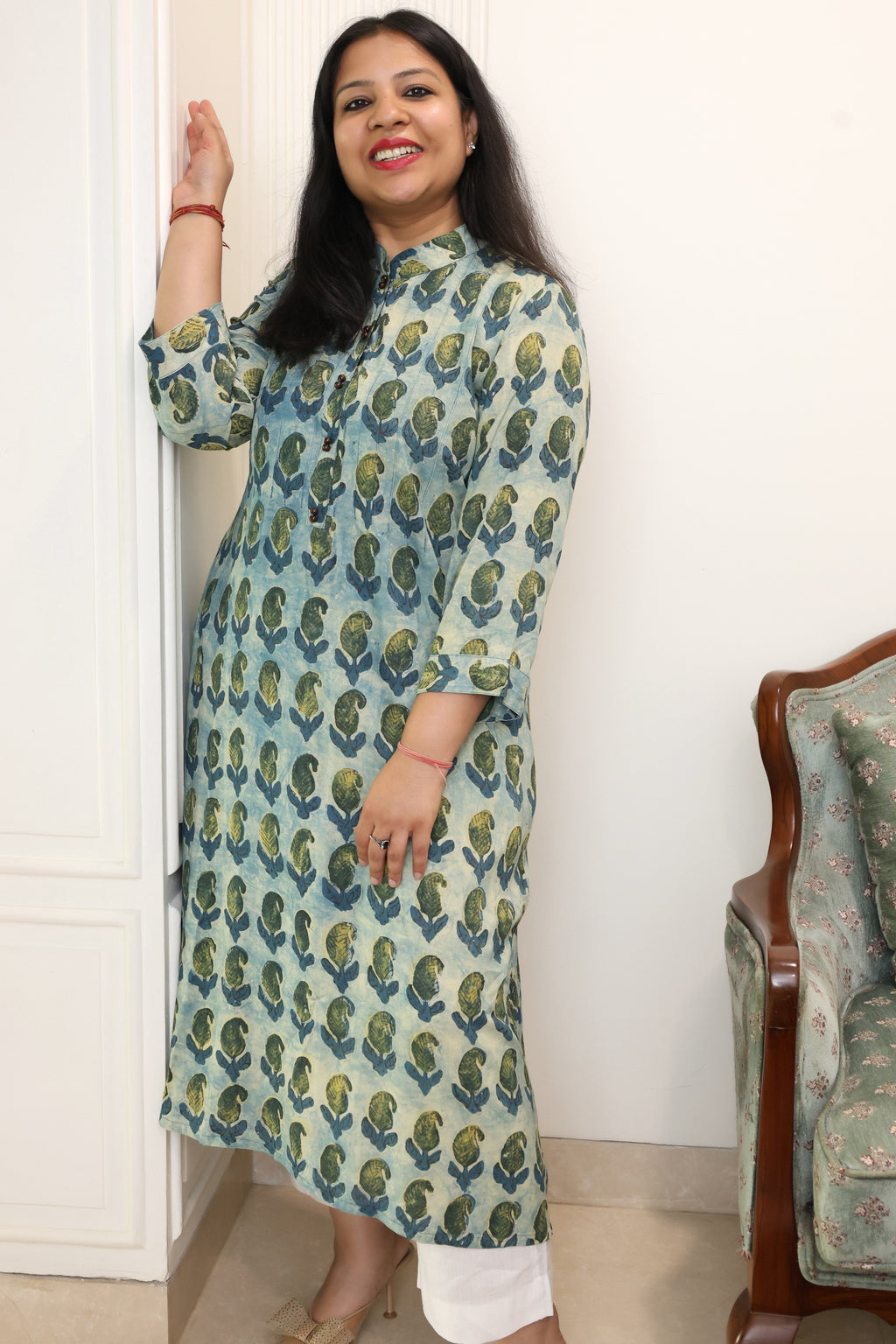 Green Jaipuri Hand Block Printed Floral Modal Cotton Kurta