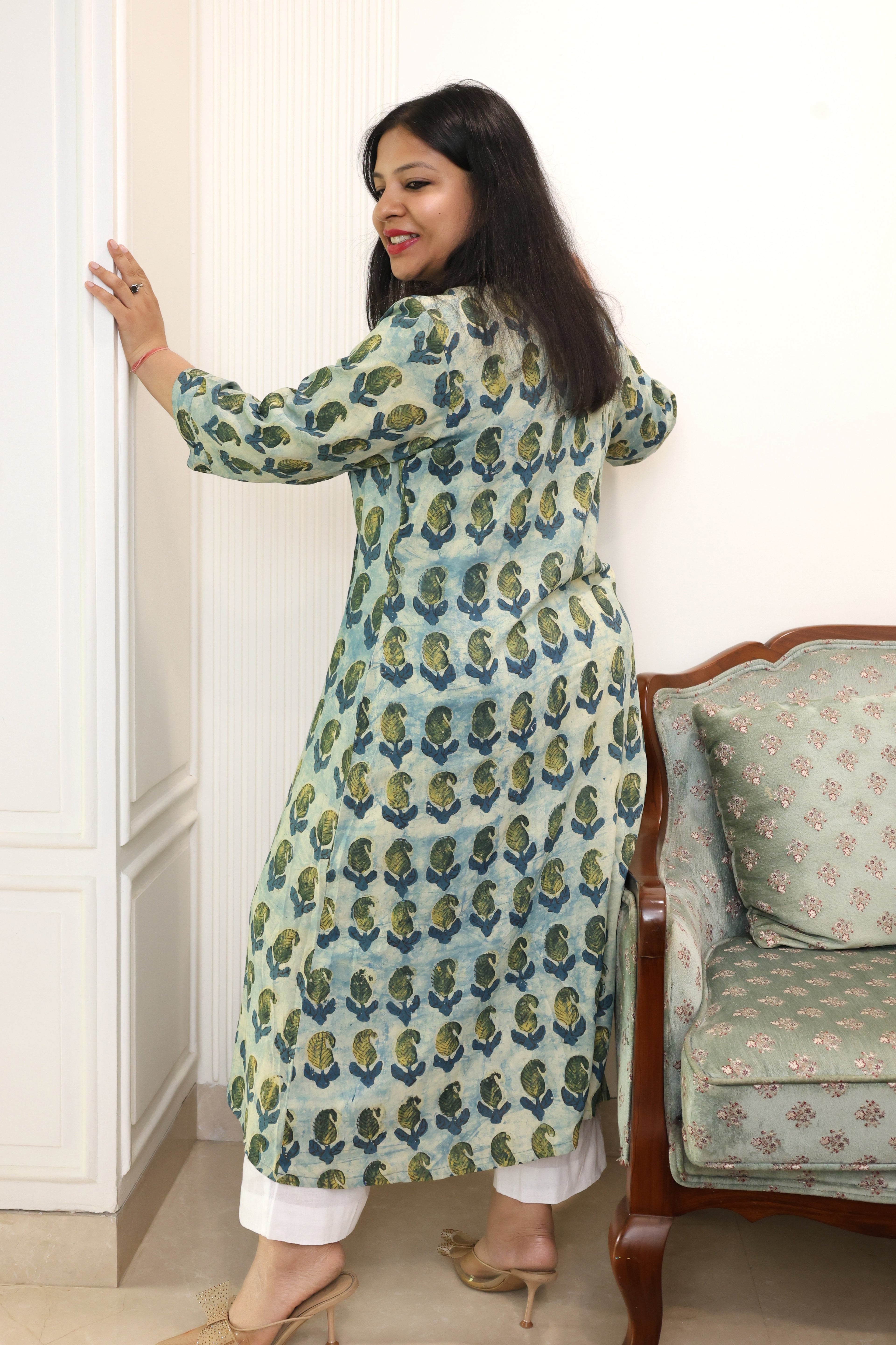 Green Jaipuri Hand Block Printed Floral Modal Cotton Kurta
