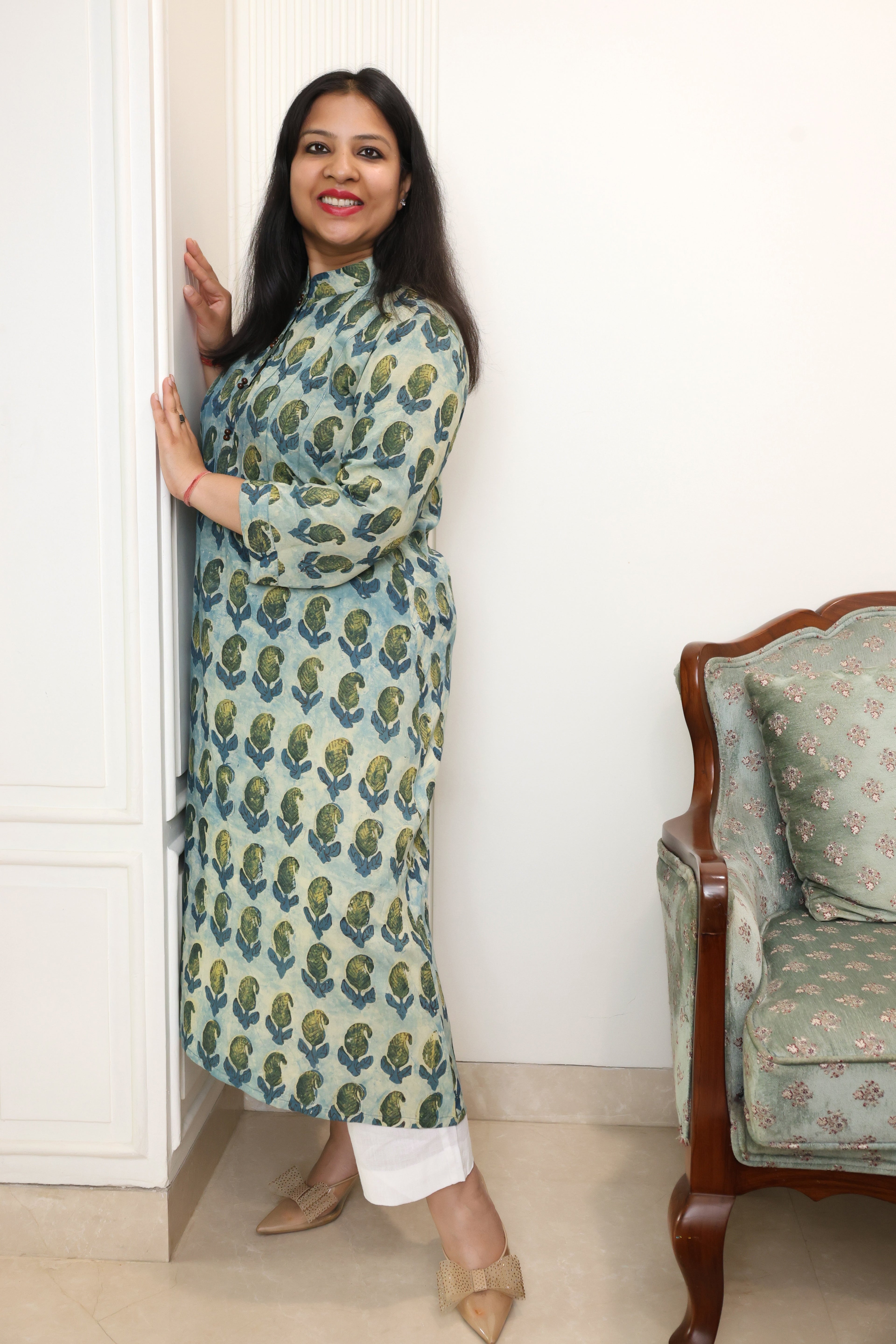 Green Jaipuri Hand Block Printed Floral Modal Cotton Kurta