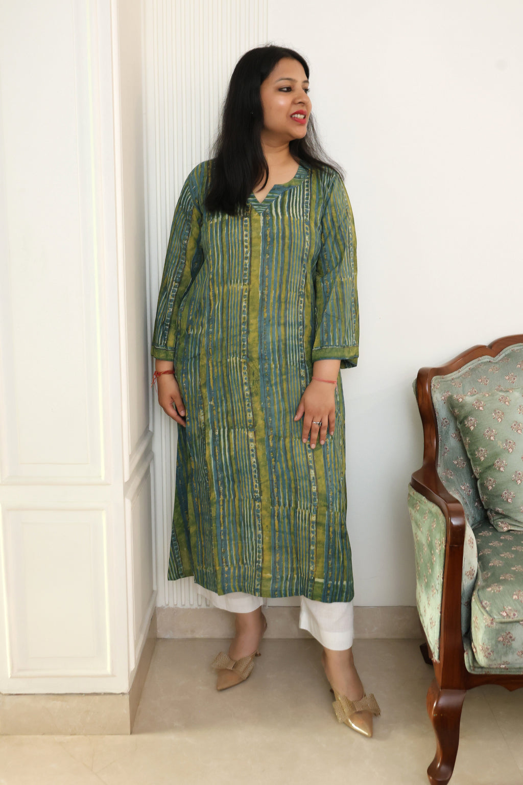 Blue & Green Striped Modal Cotton Kurta