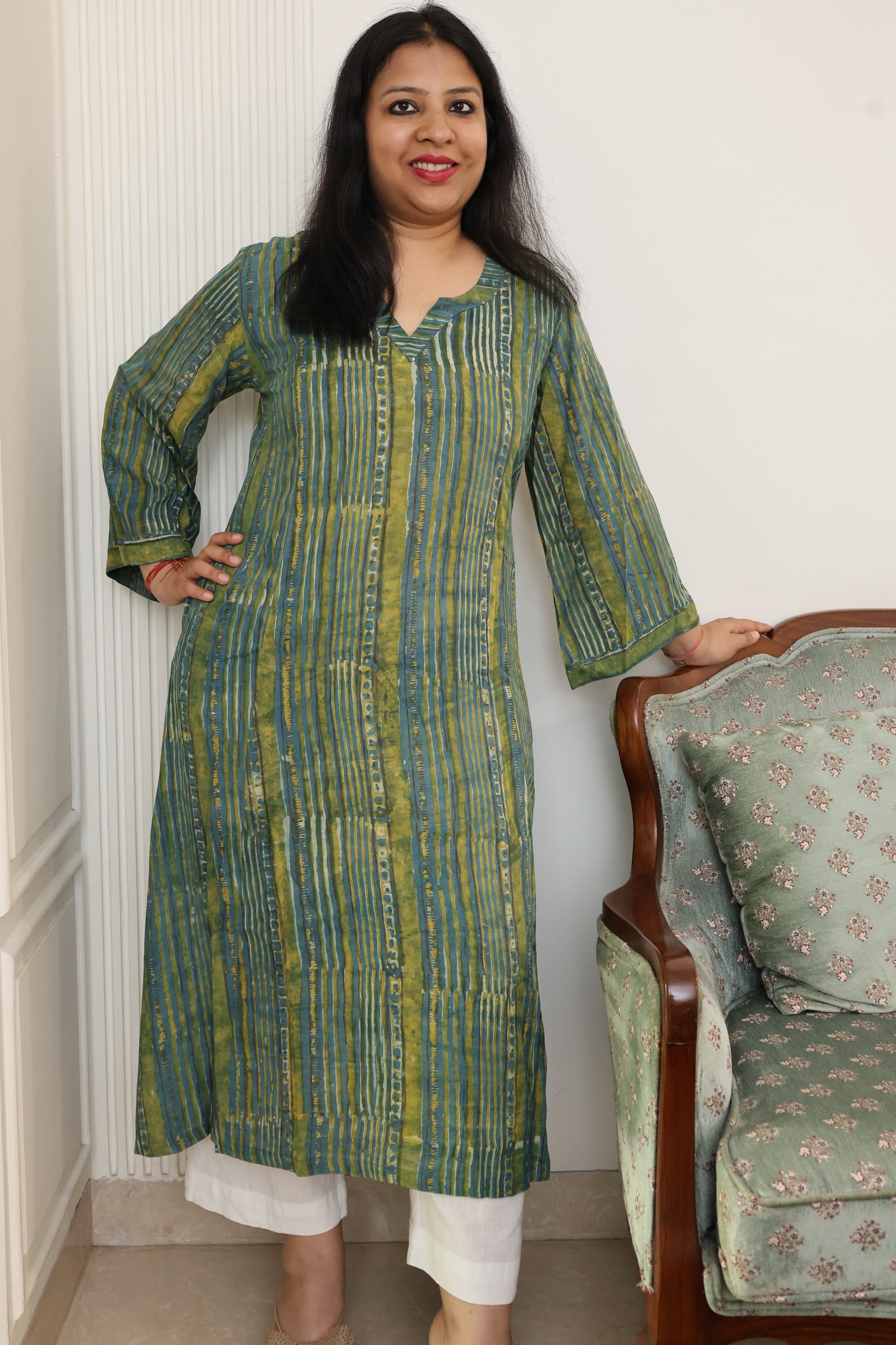 Blue & Green Striped Modal Cotton Kurta