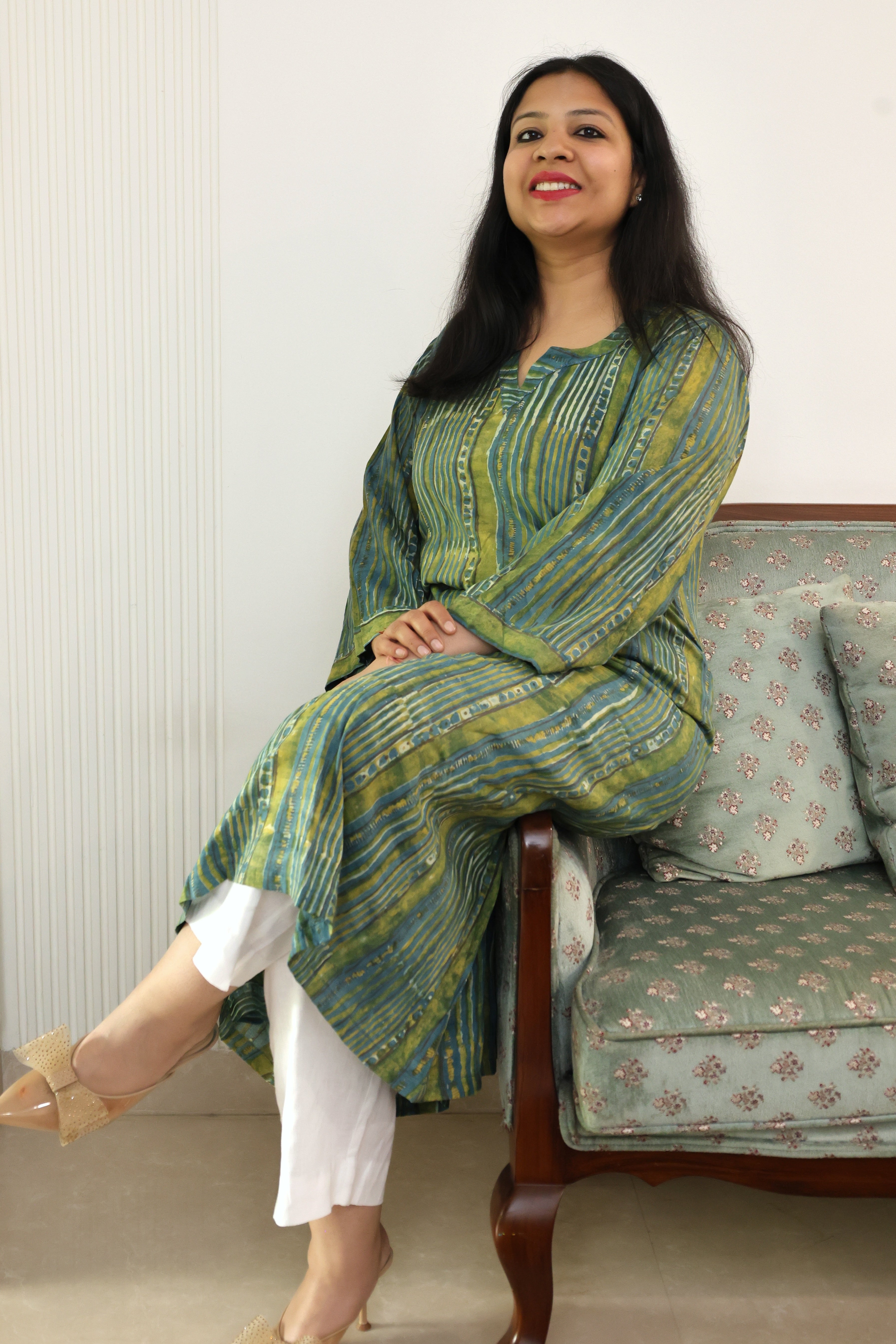 Blue & Green Striped Modal Cotton Kurta