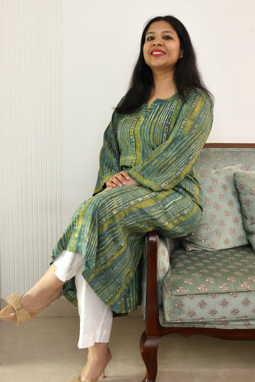 Blue & Green Striped Modal Cotton Kurta