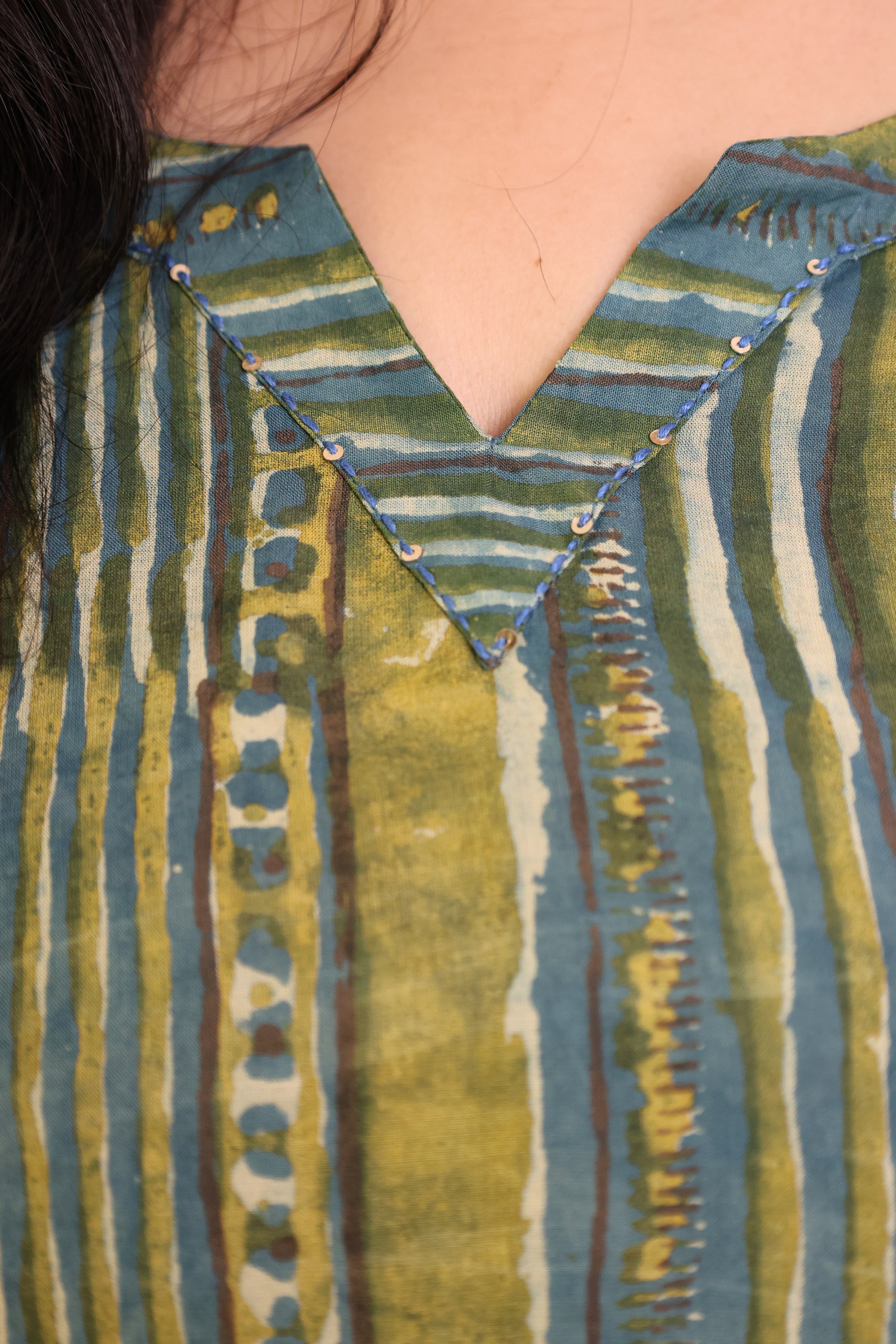 Blue & Green Striped Modal Cotton Kurta