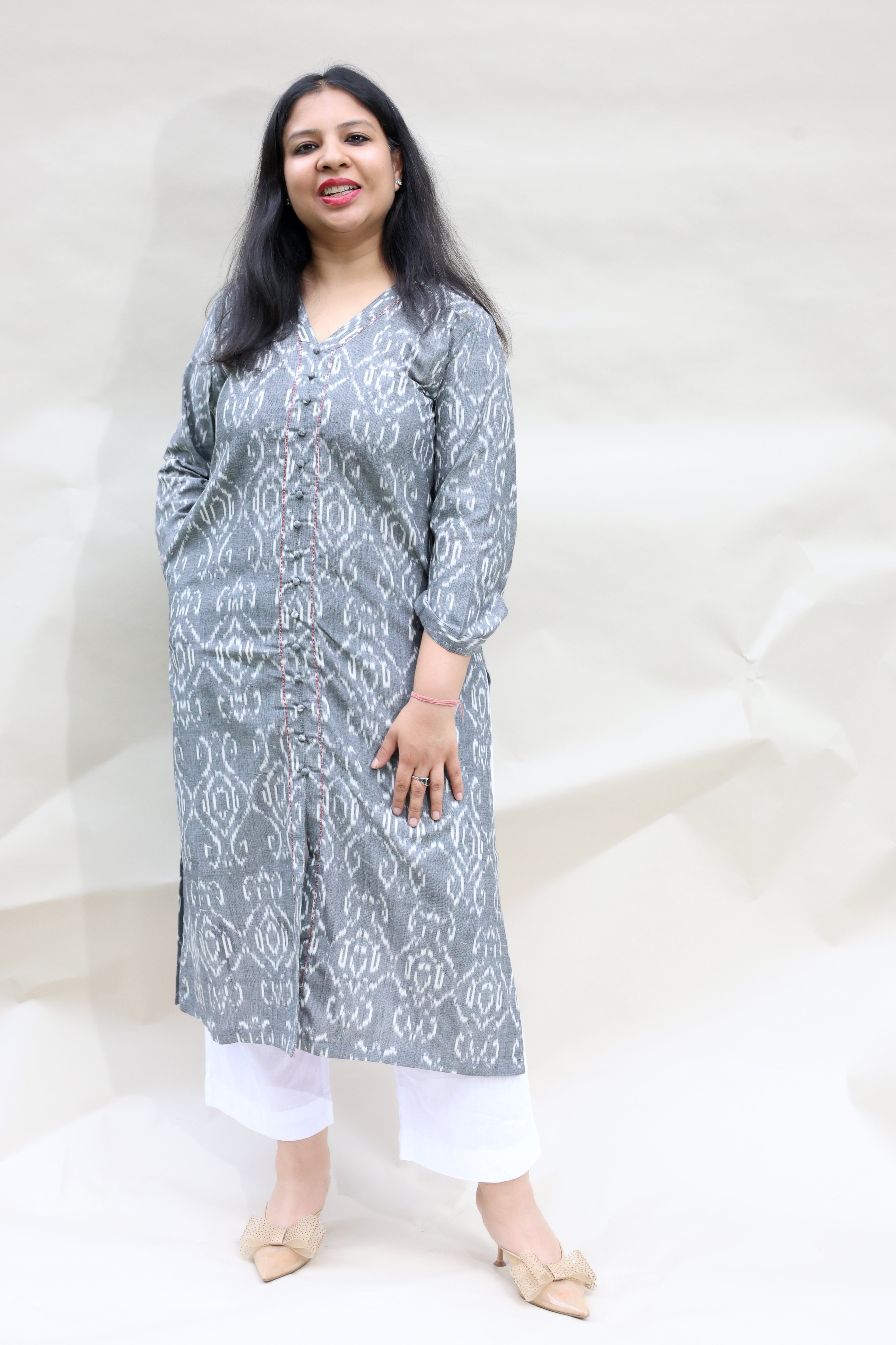Cotton Ikkat Grey Hand Block Printed Kurta with Minimal Hand Embroidery