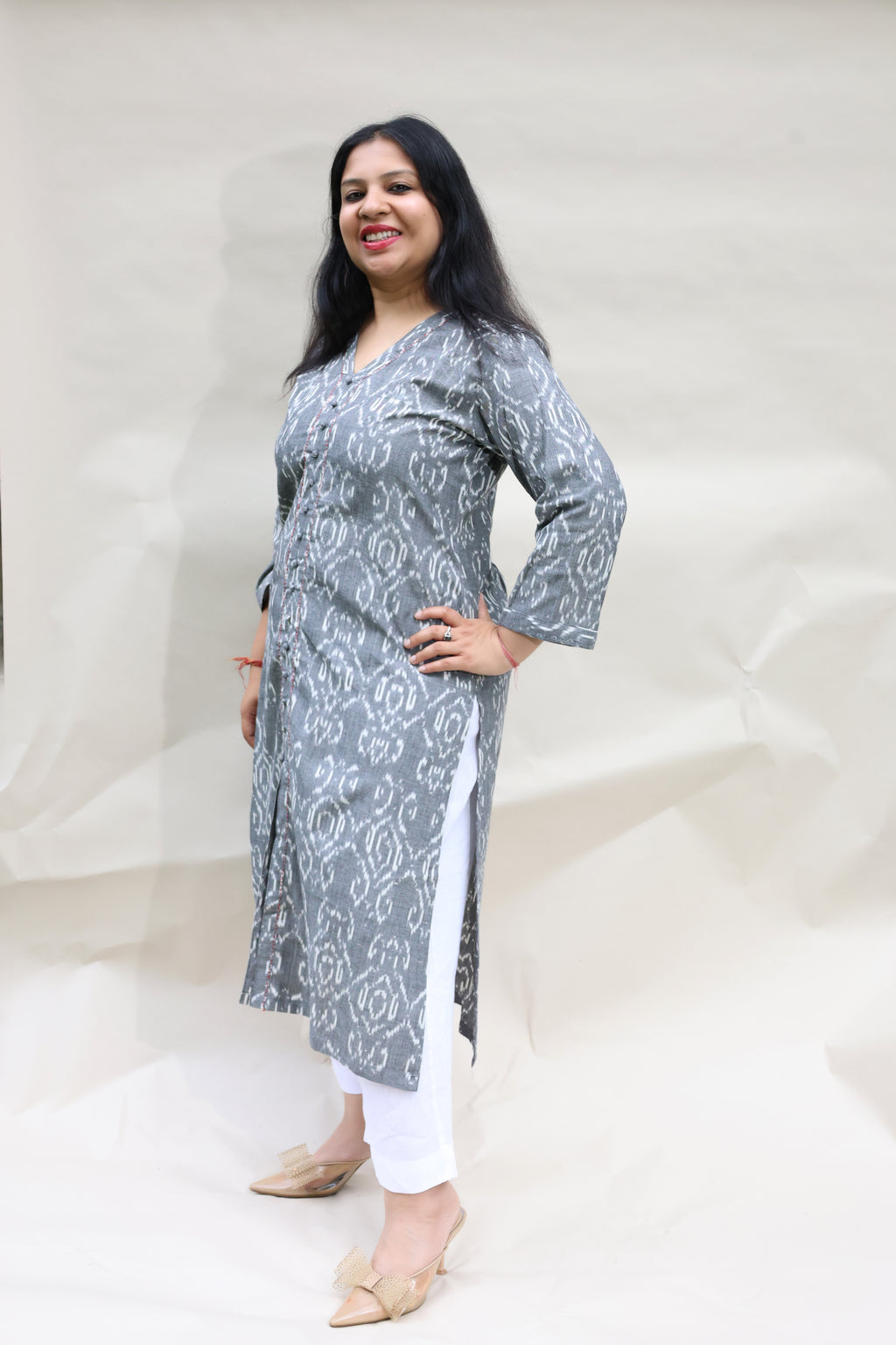 Cotton Ikkat Grey Hand Block Printed Kurta with Minimal Hand Embroidery
