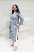 Cotton Ikkat Grey Hand Block Printed Kurta with Minimal Hand Embroidery