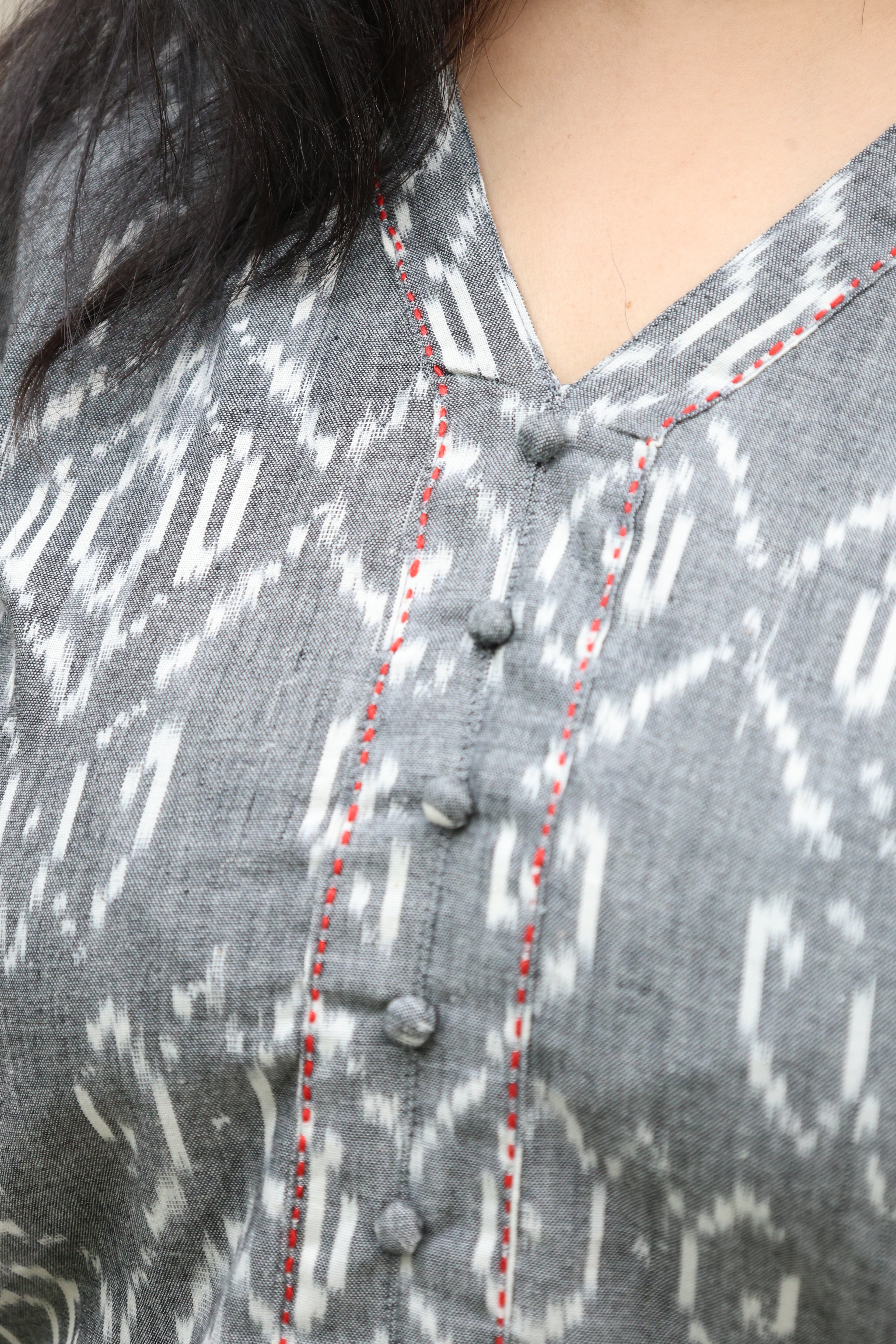 Cotton Ikkat Grey Hand Block Printed Kurta with Minimal Hand Embroidery