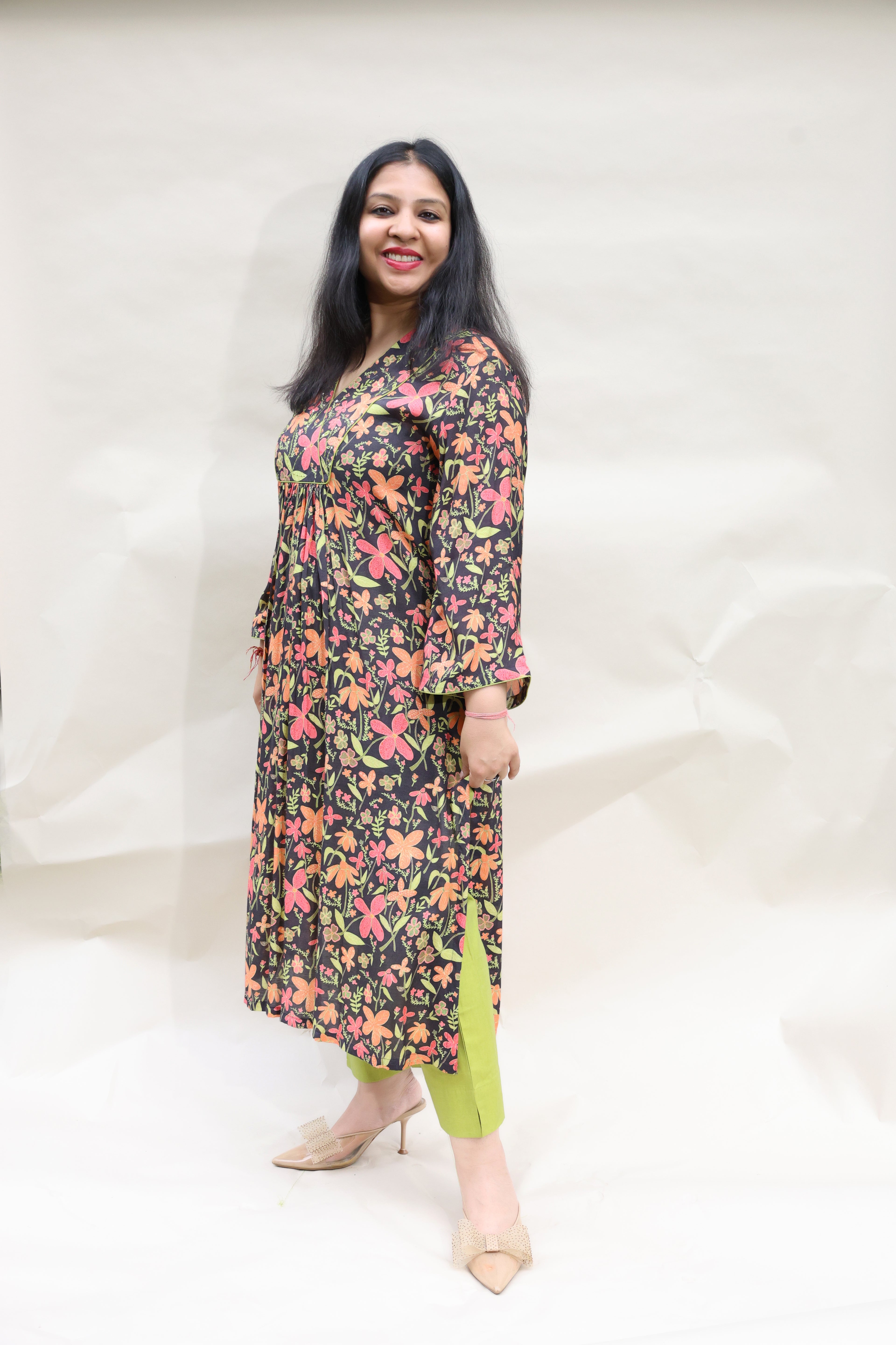 Pink & Green Floral Pure Muslin Top with Glaze Cotton Pants