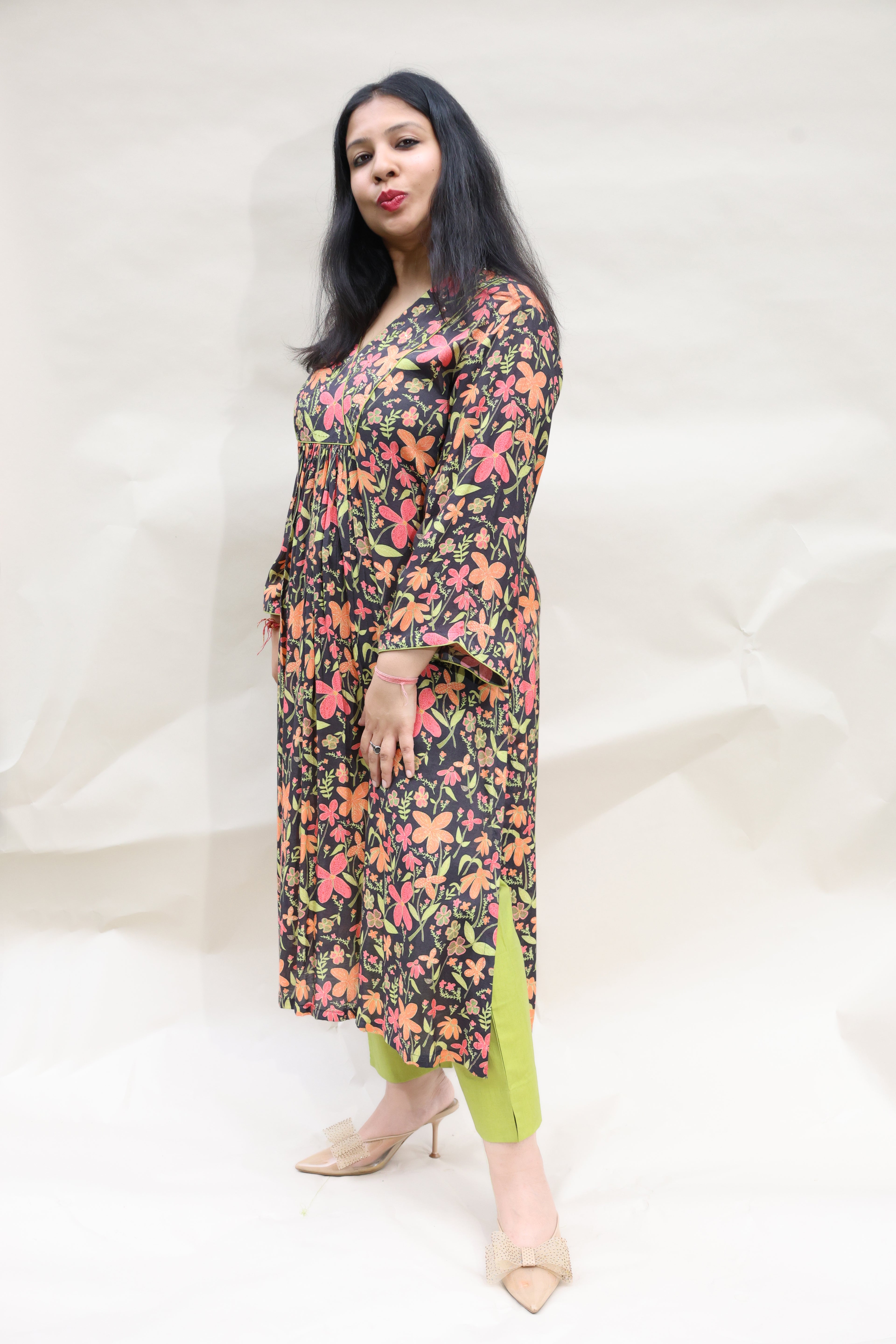 Pink & Green Floral Pure Muslin Top with Glaze Cotton Pants