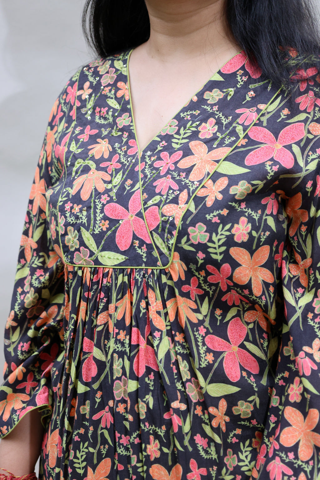 Pink & Green Floral Pure Muslin Top with Glaze Cotton Pants