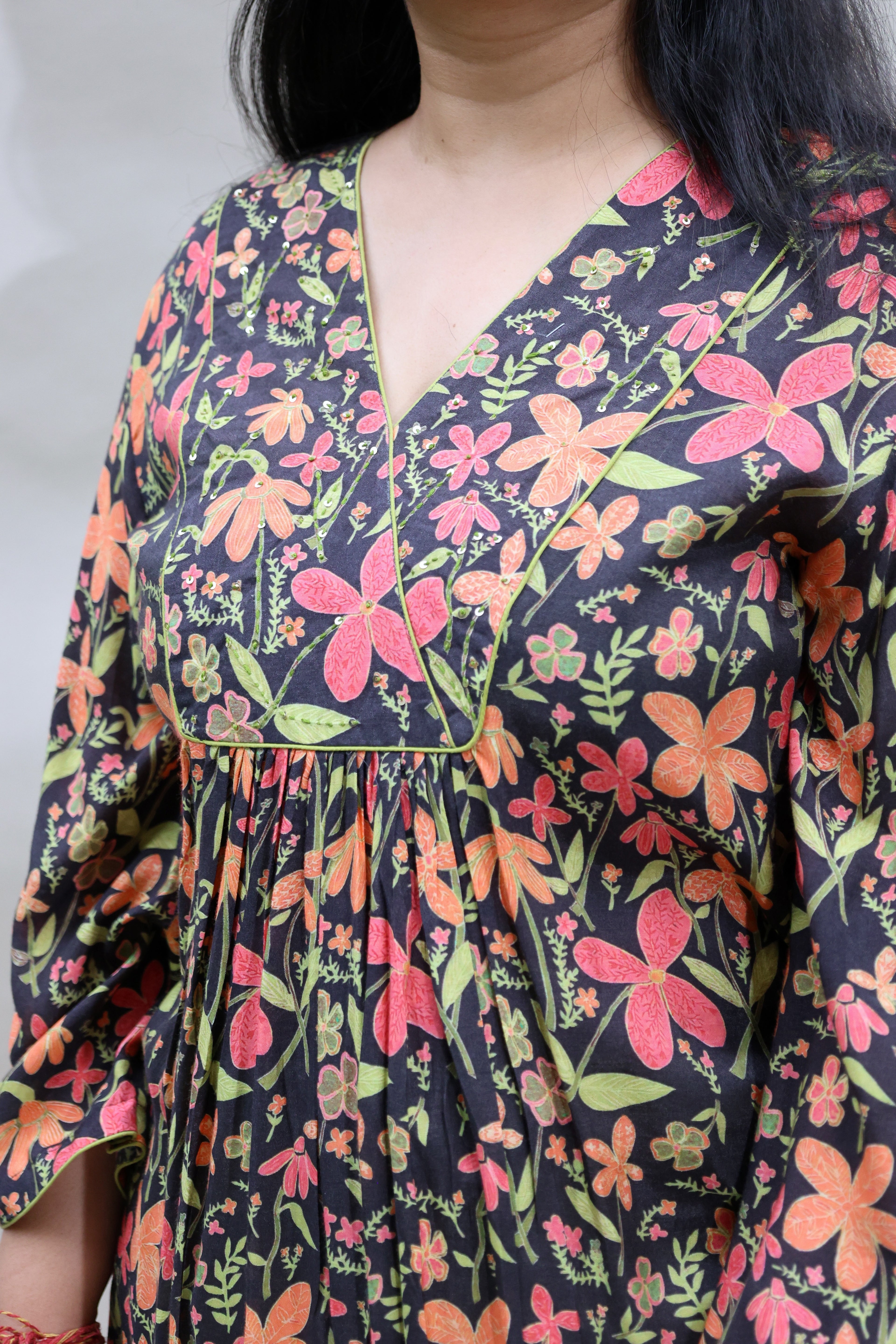 Pink & Green Floral Pure Muslin Top with Glaze Cotton Pants