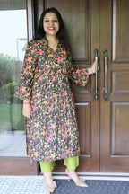 Pink & Green Floral Pure Muslin Top with Glaze Cotton Pants