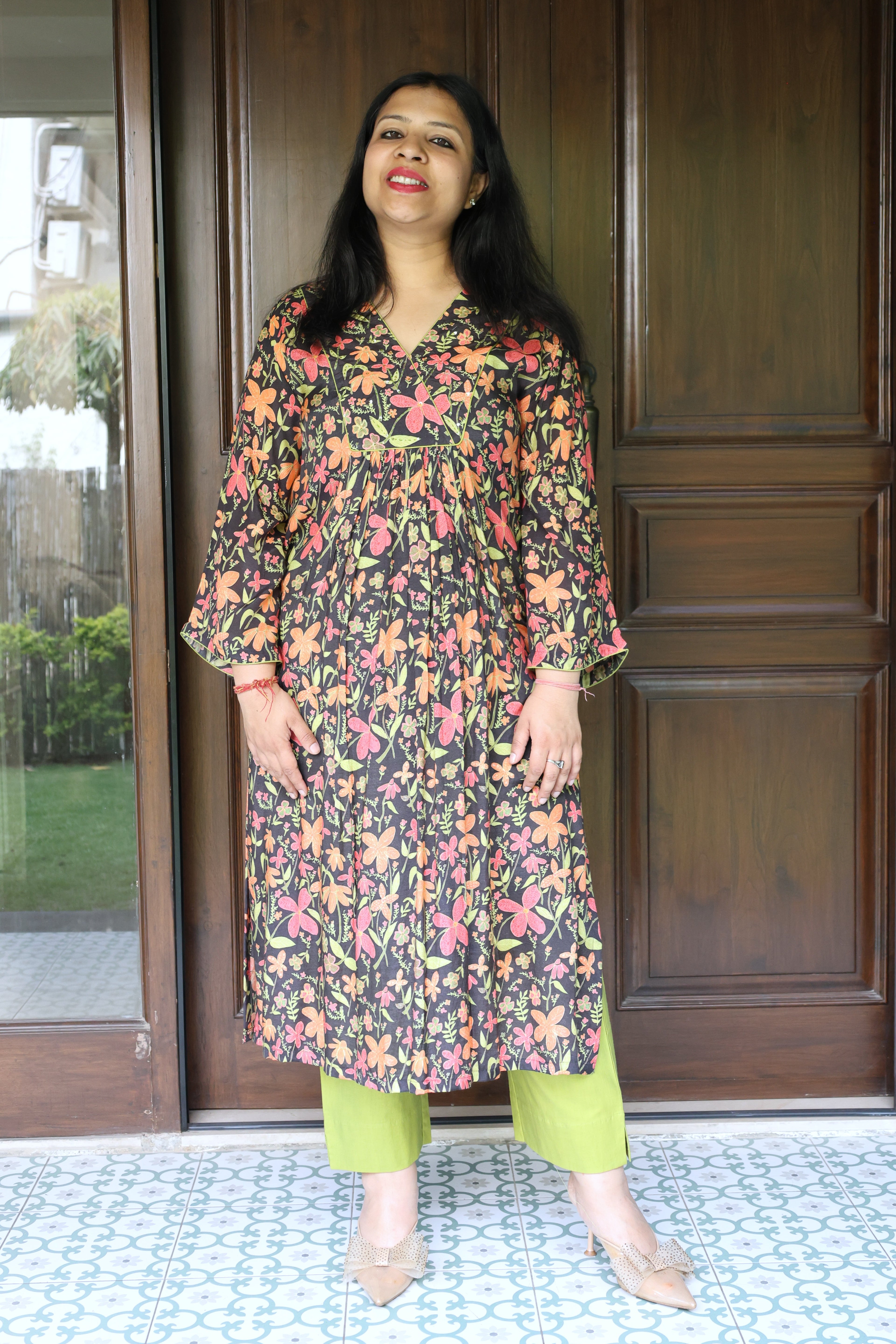 Pink & Green Floral Pure Muslin Top with Glaze Cotton Pants