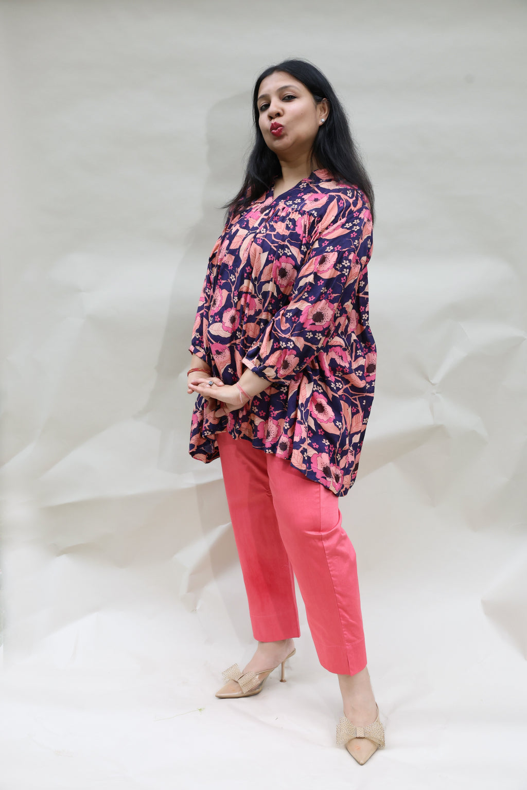 Floral Purple Pure Muslin Top with Glaze Cotton Pink Pants