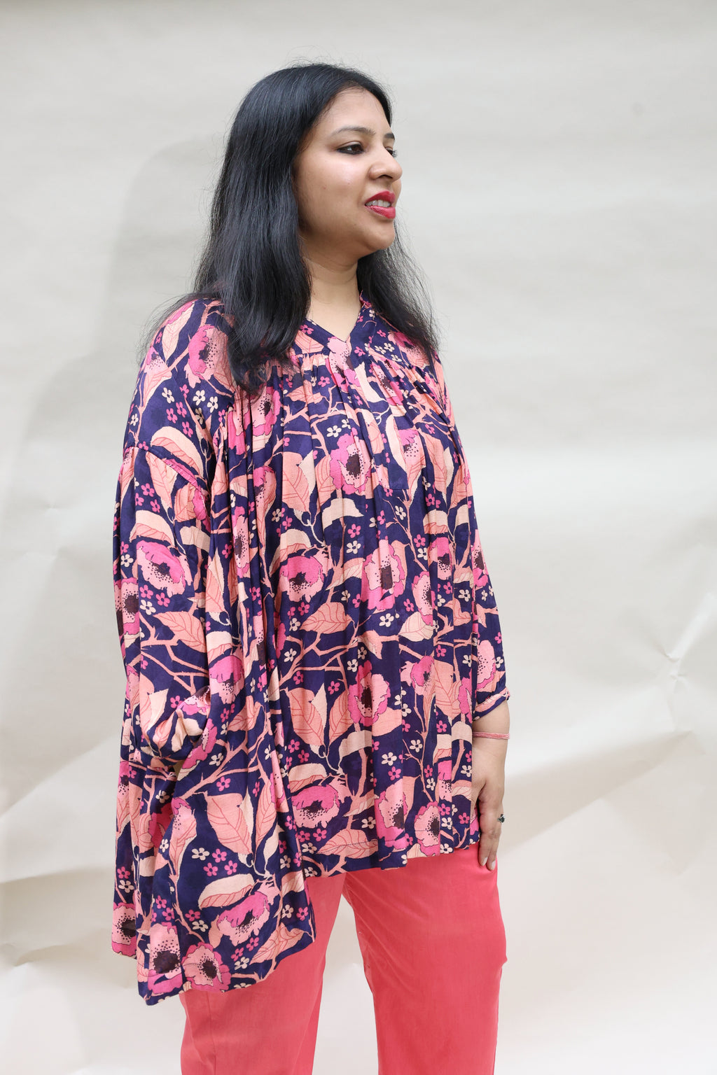 Floral Purple Pure Muslin Top with Glaze Cotton Pink Pants