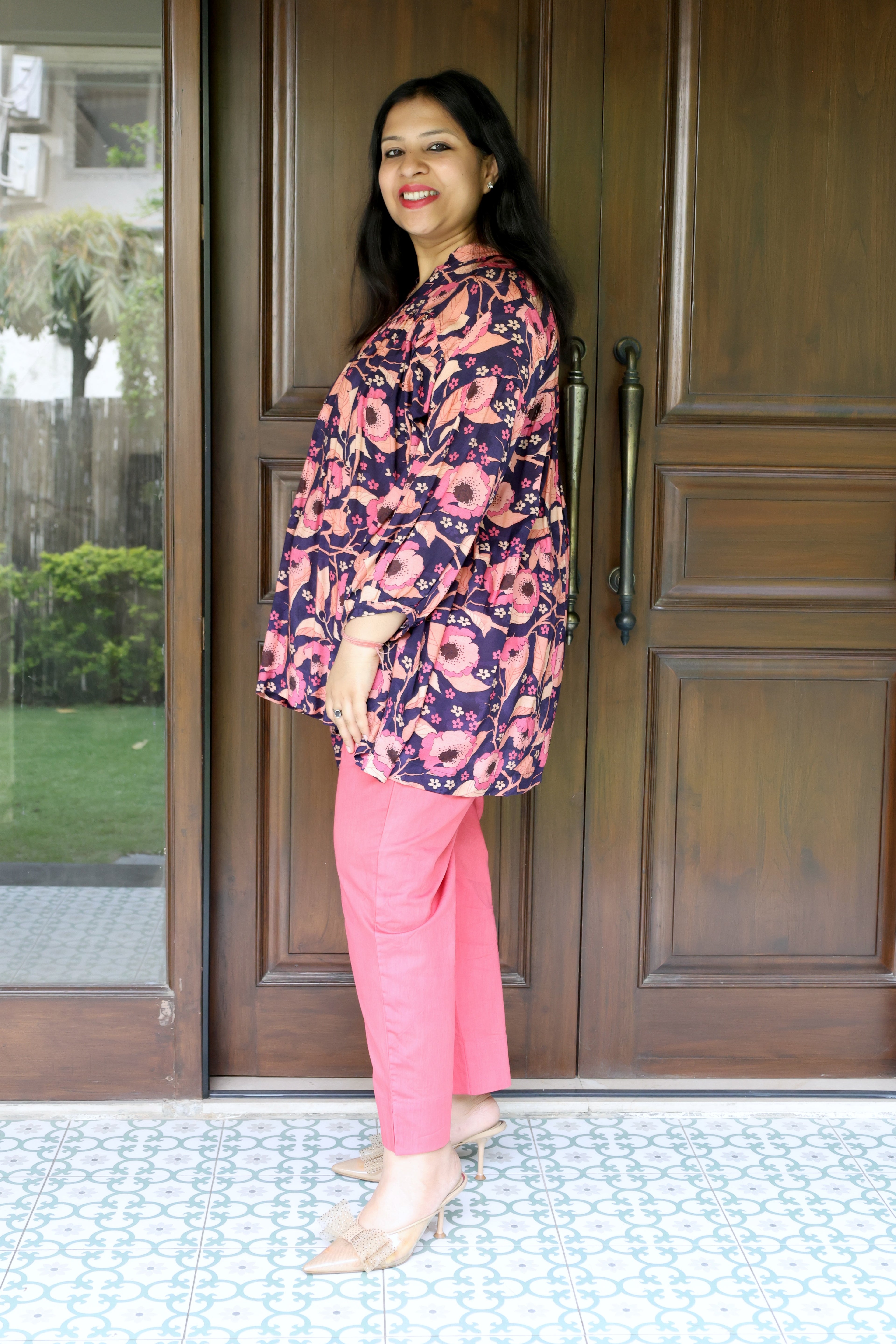 Floral Purple Pure Muslin Top with Glaze Cotton Pink Pants