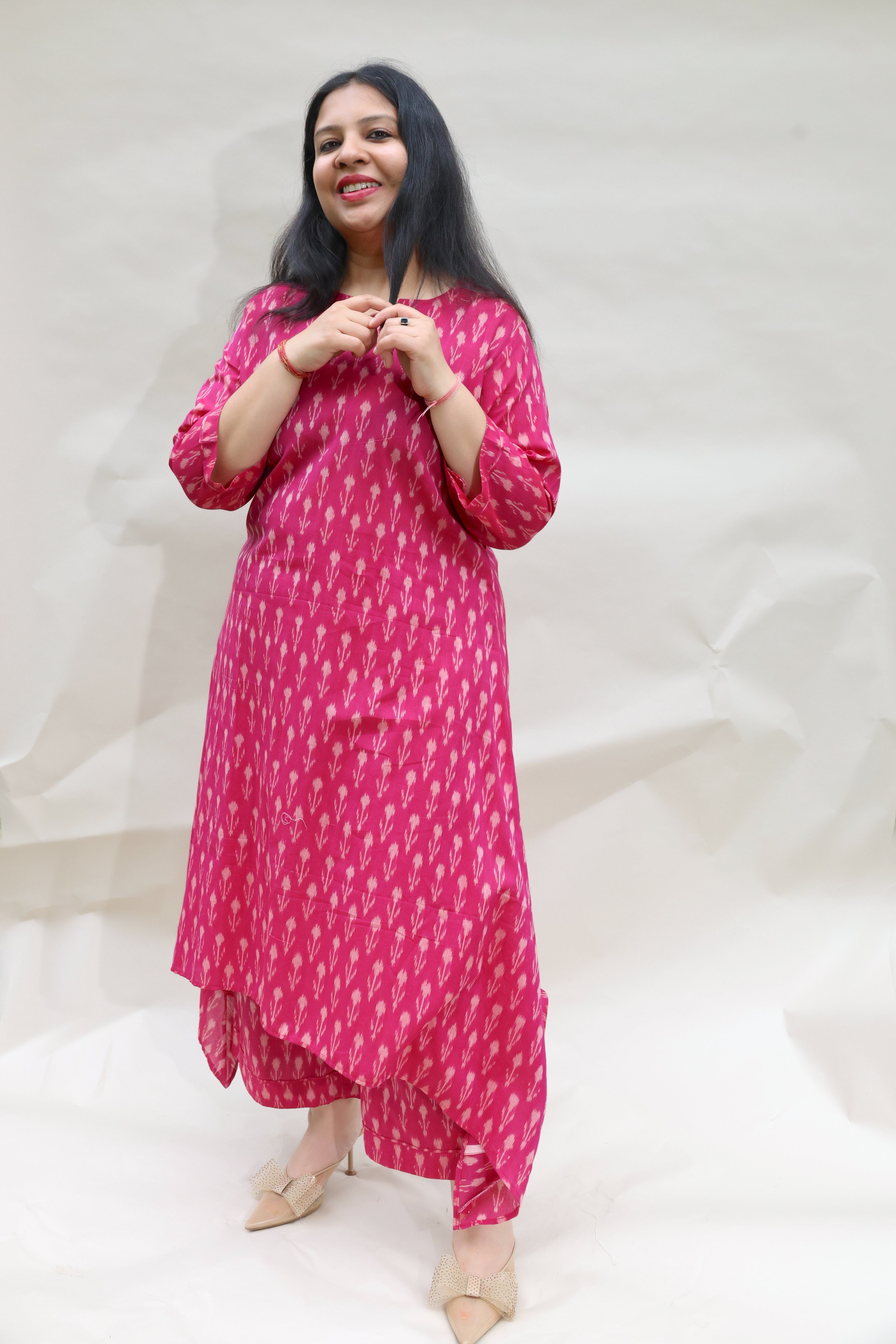 Pink Cotton Ikkat Hand Block Printed 2-Piece Suit