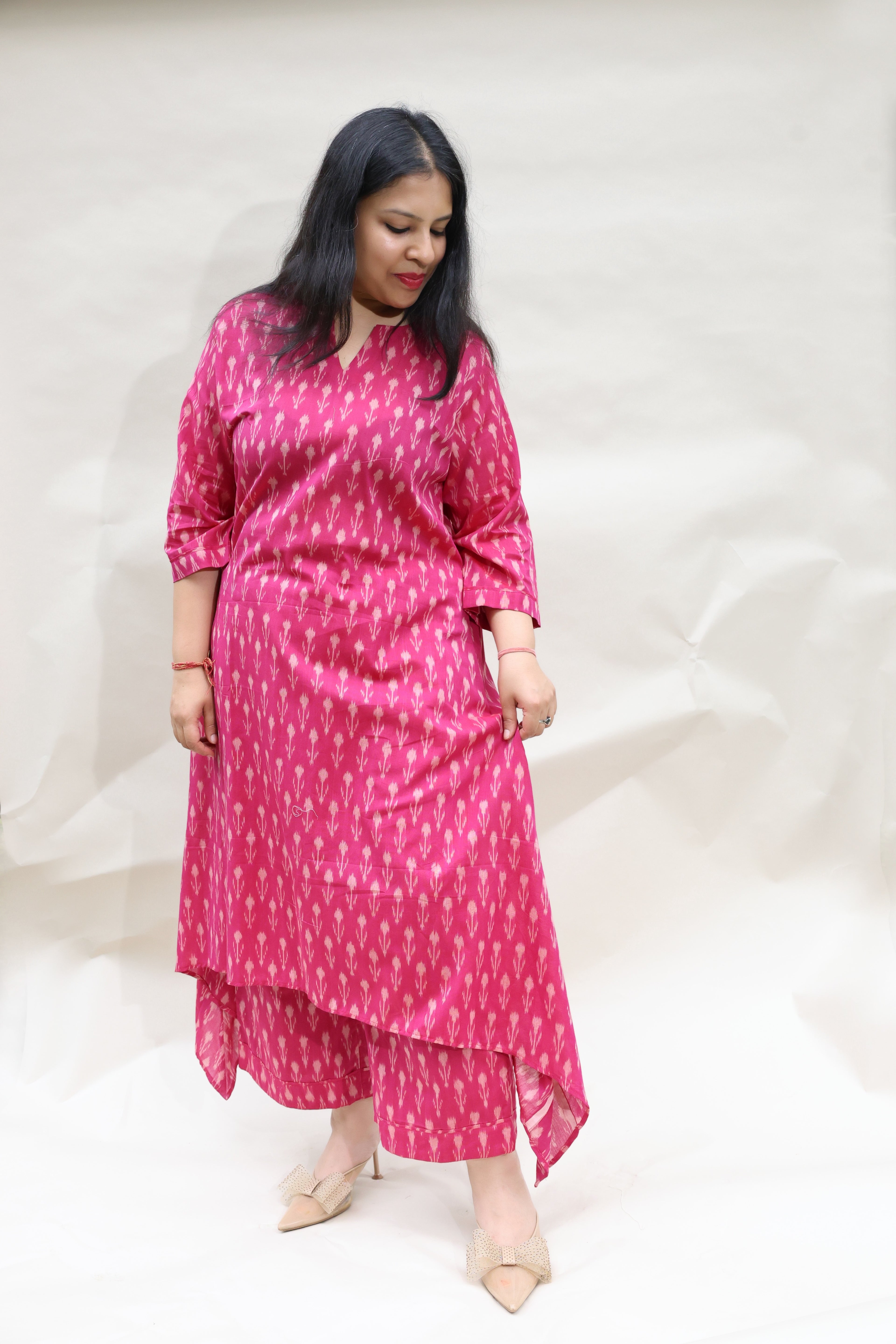 Pink Cotton Ikkat Hand Block Printed 2-Piece Suit