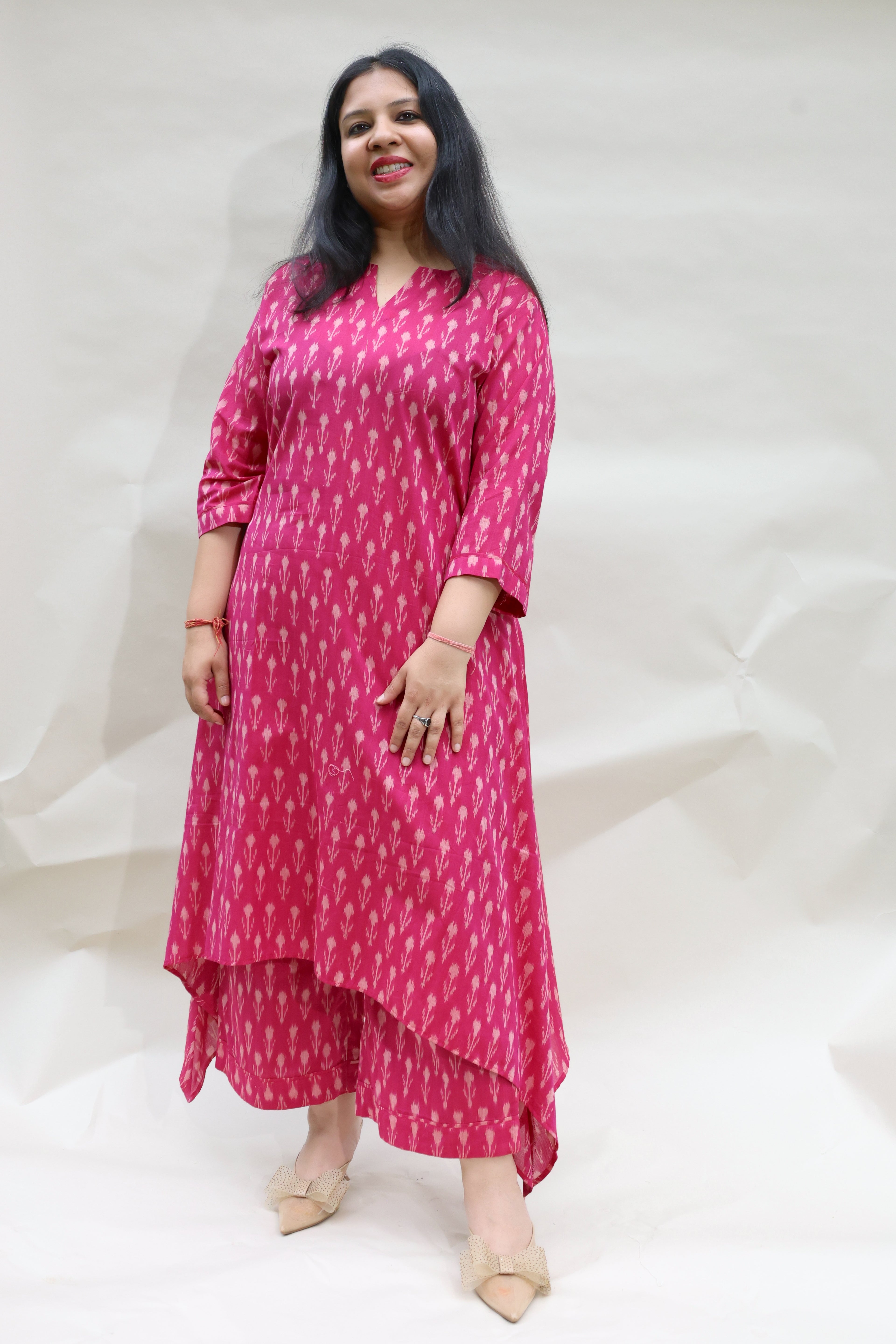 Pink Cotton Ikkat Hand Block Printed 2-Piece Suit
