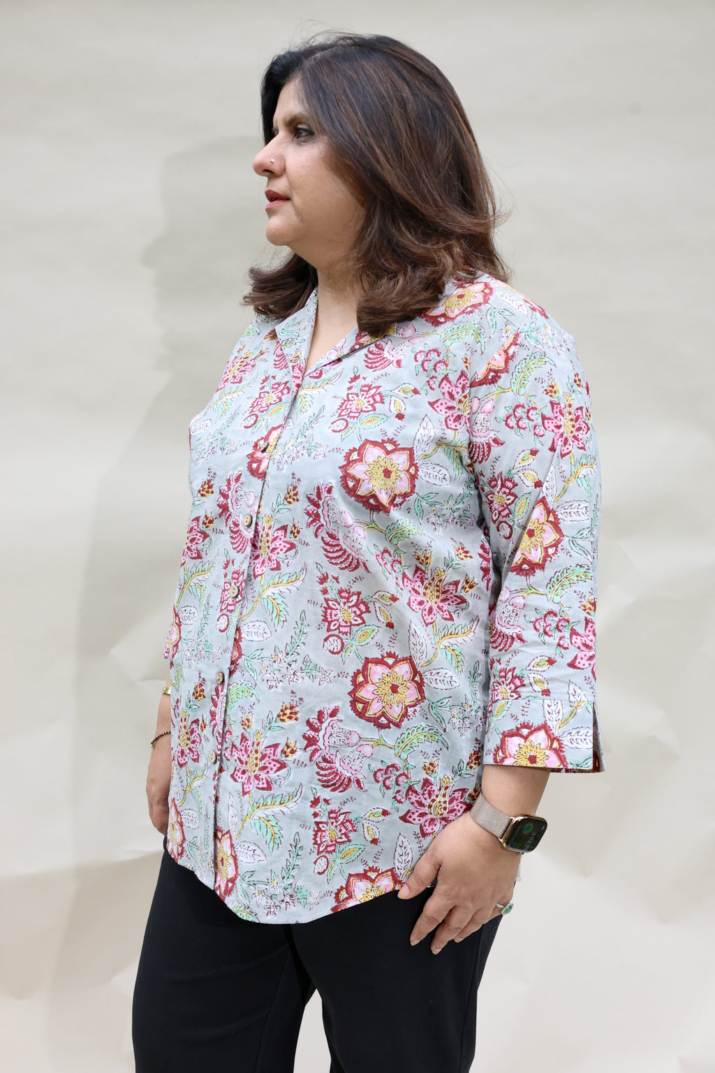Grey-Blue Jaipuri Hand Block Printed Floral Cotton Shirt
