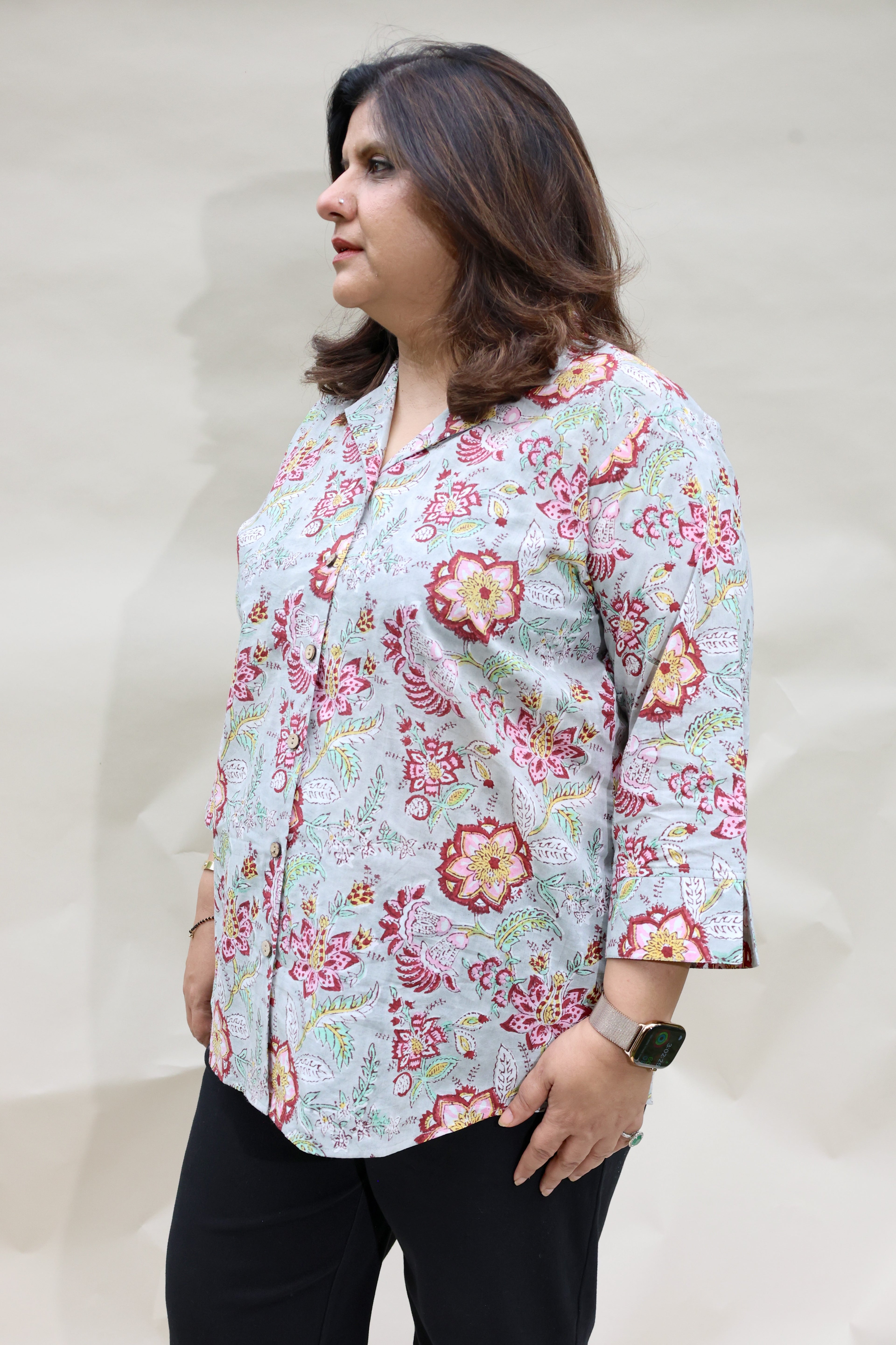 Grey-Blue Jaipuri Hand Block Printed Floral Cotton Shirt