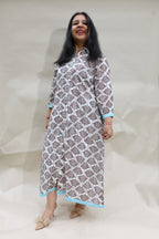 White Cotton Dress with Brown Jaipuri Motifs