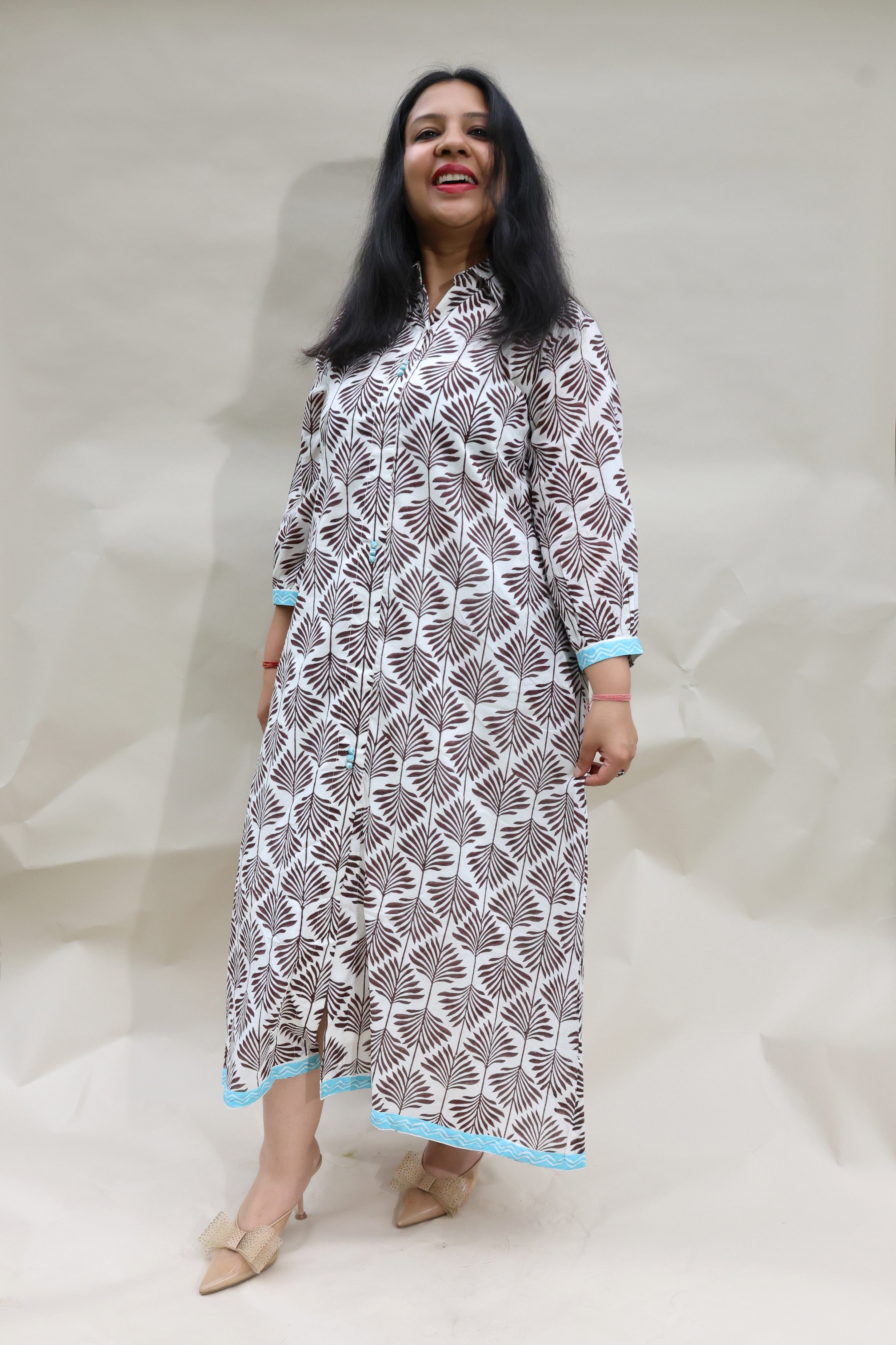 White Cotton Dress with Brown Jaipuri Motifs