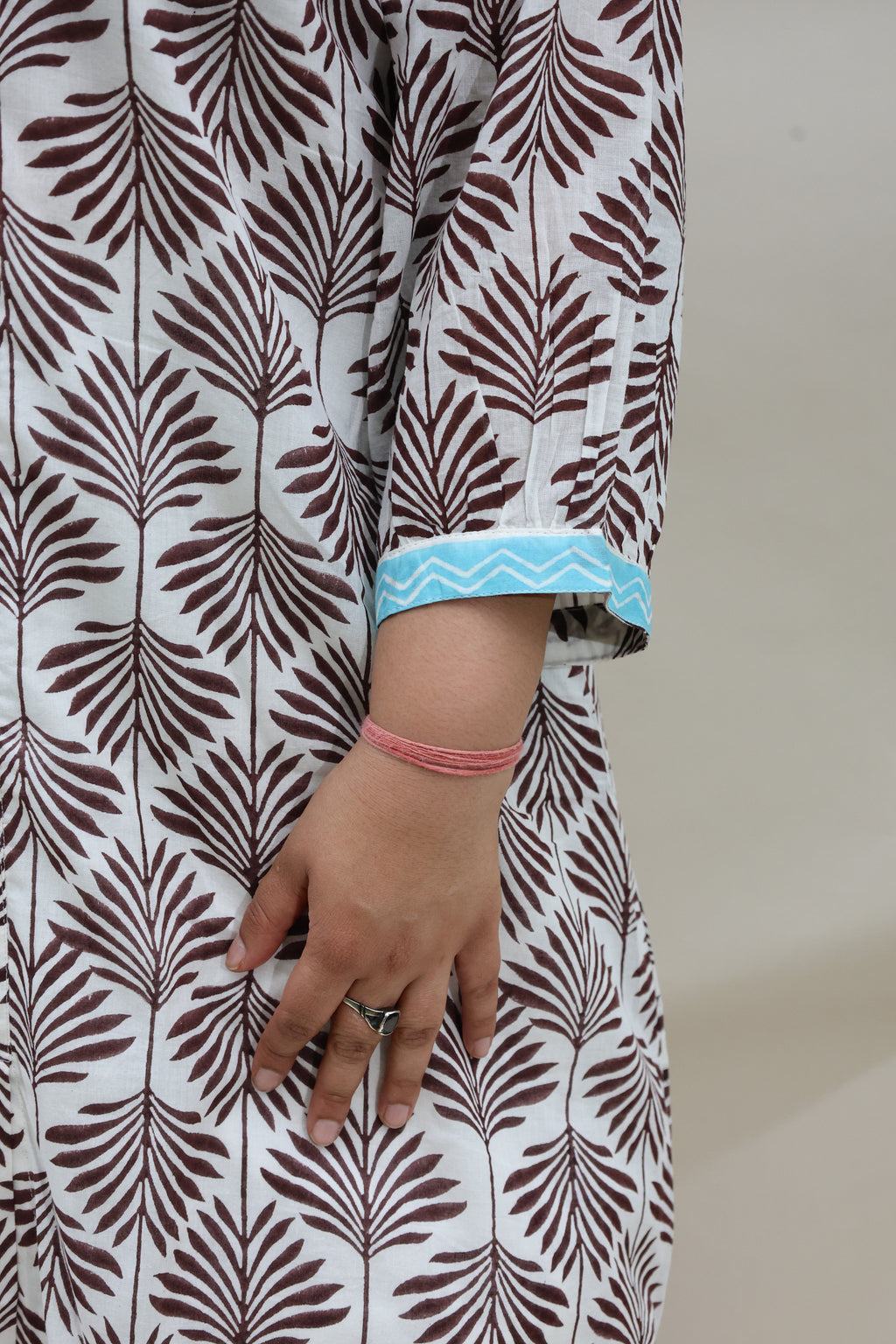 White Cotton Dress with Brown Jaipuri Motifs