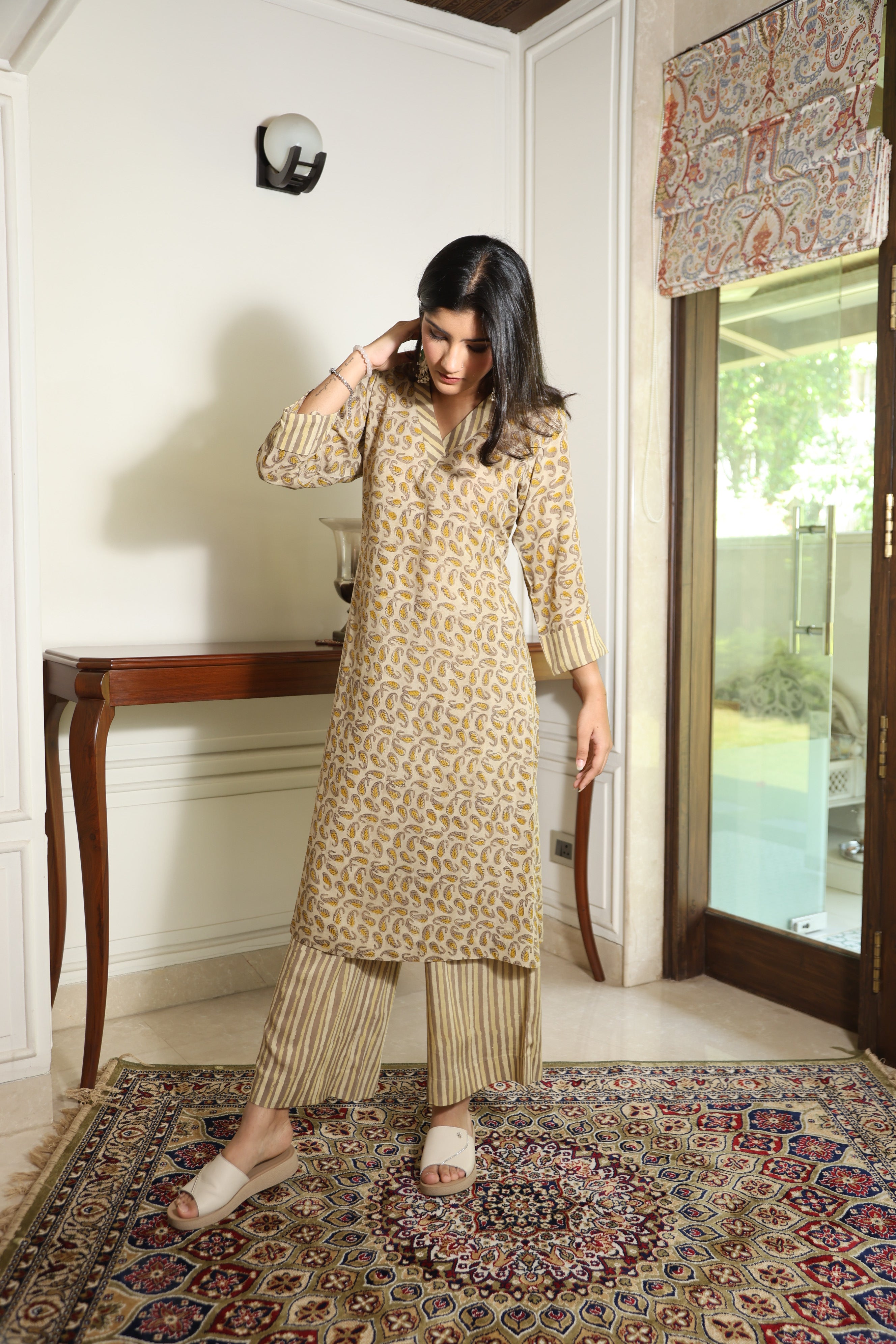 Beige Modal Cotton Hand Block Printed Set