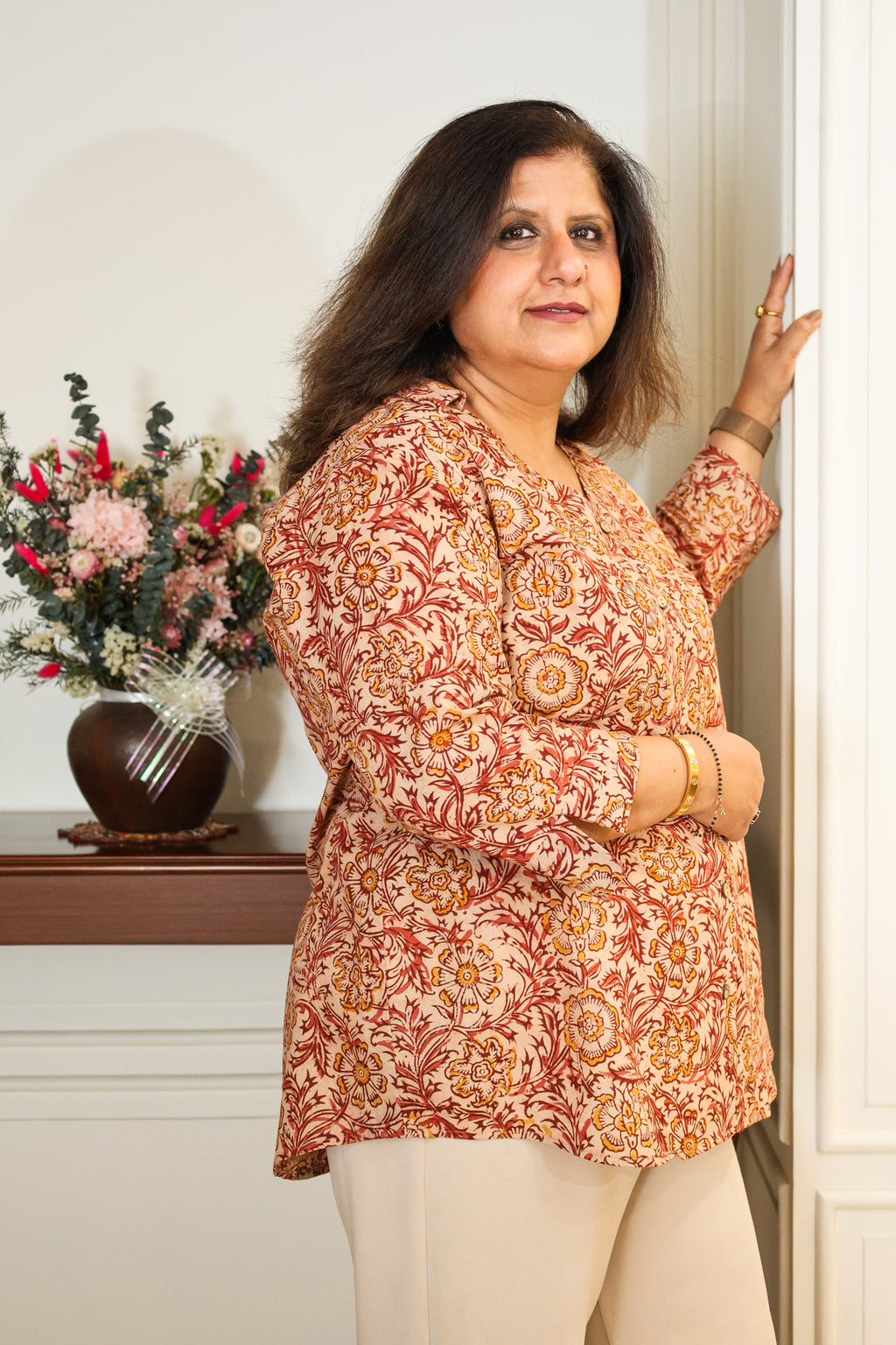 Peach Kalamkari Hand Block Printed Shirt