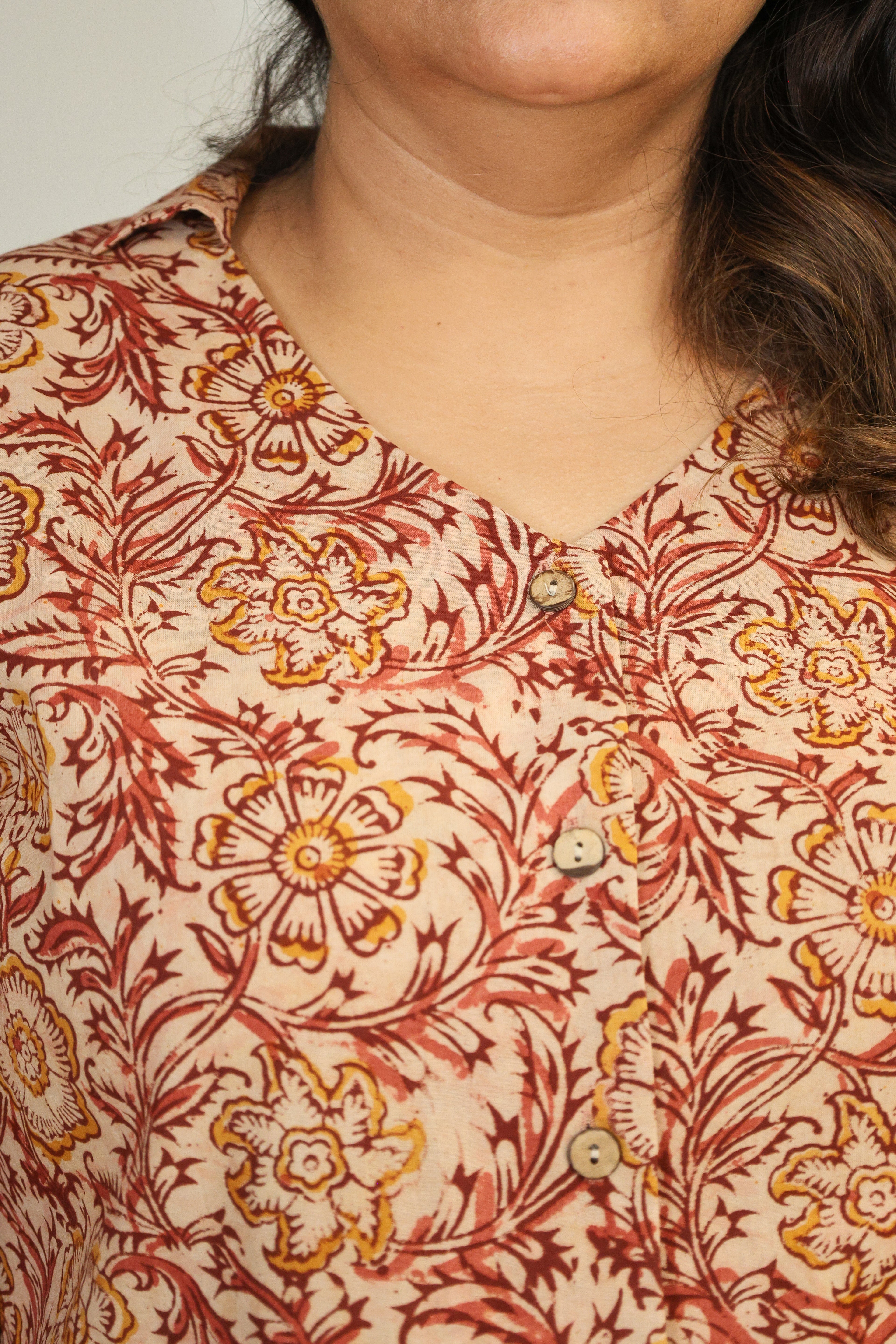 Peach Kalamkari Hand Block Printed Shirt